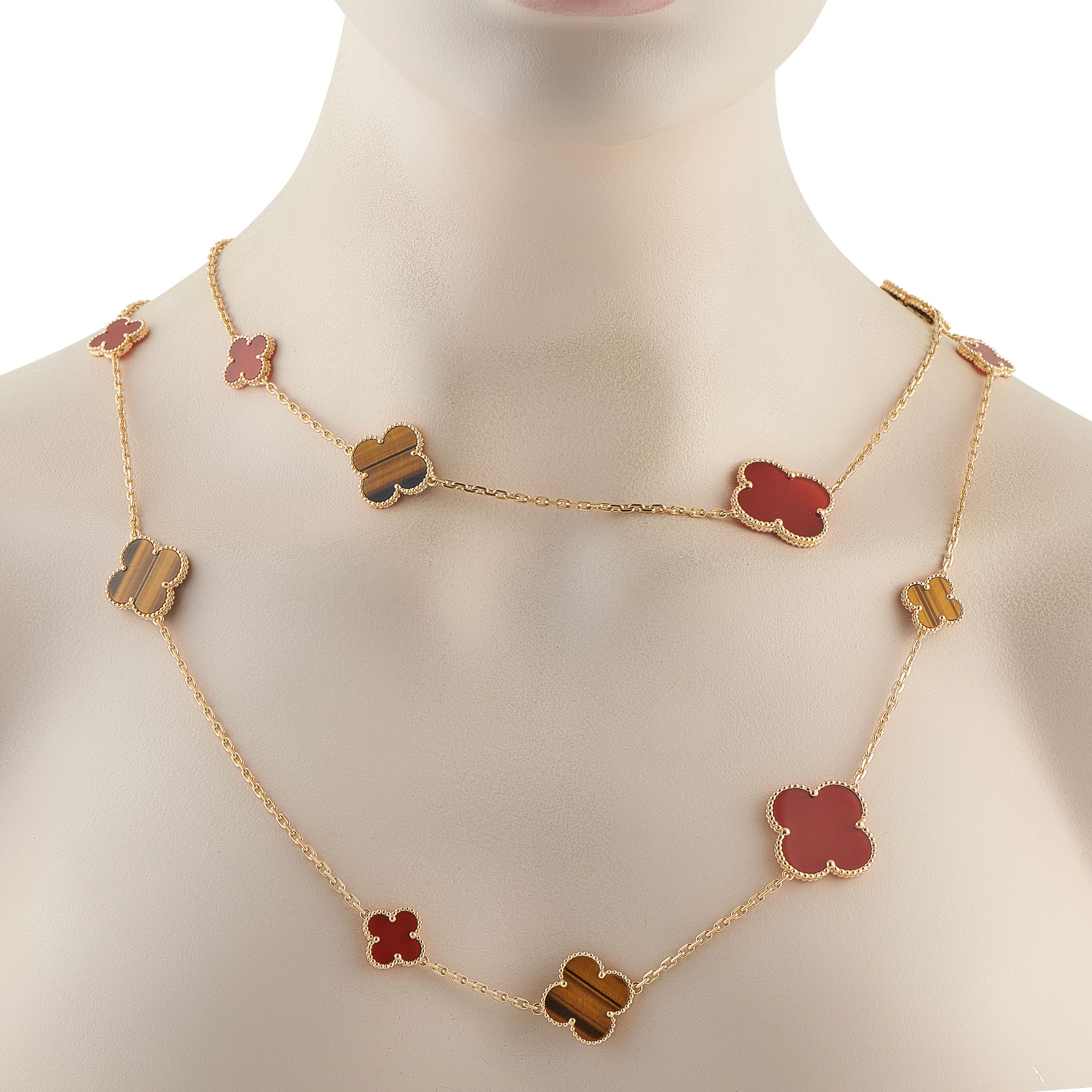 Van Cleef & Arpels Alhambra 18K Yellow Gold Carnelian and Tiger’s Eye 16-Motif Necklace
