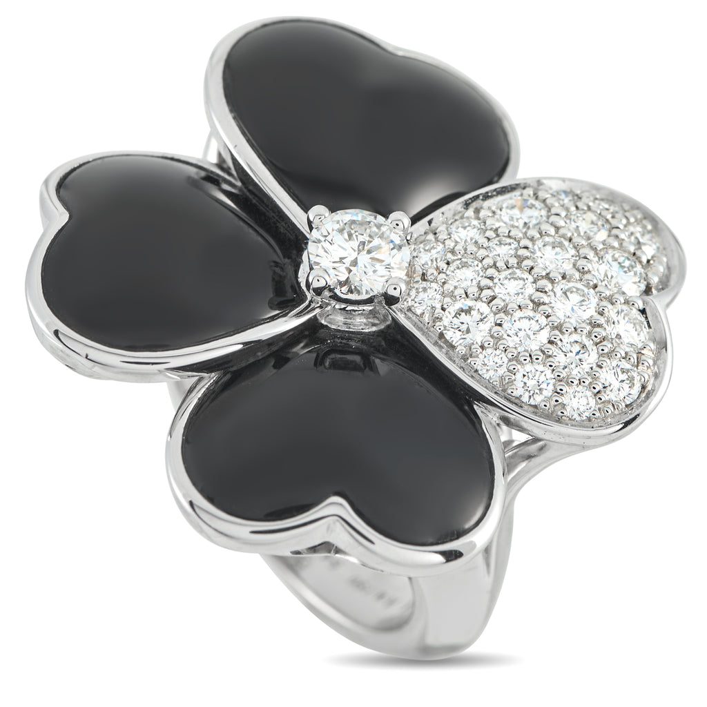 Van Cleef & Arpels Cosmos 18K White Gold Diamond and Onyx Ring – This Van Cleef & Arpels Cosmos ring is instantly eye-catchin