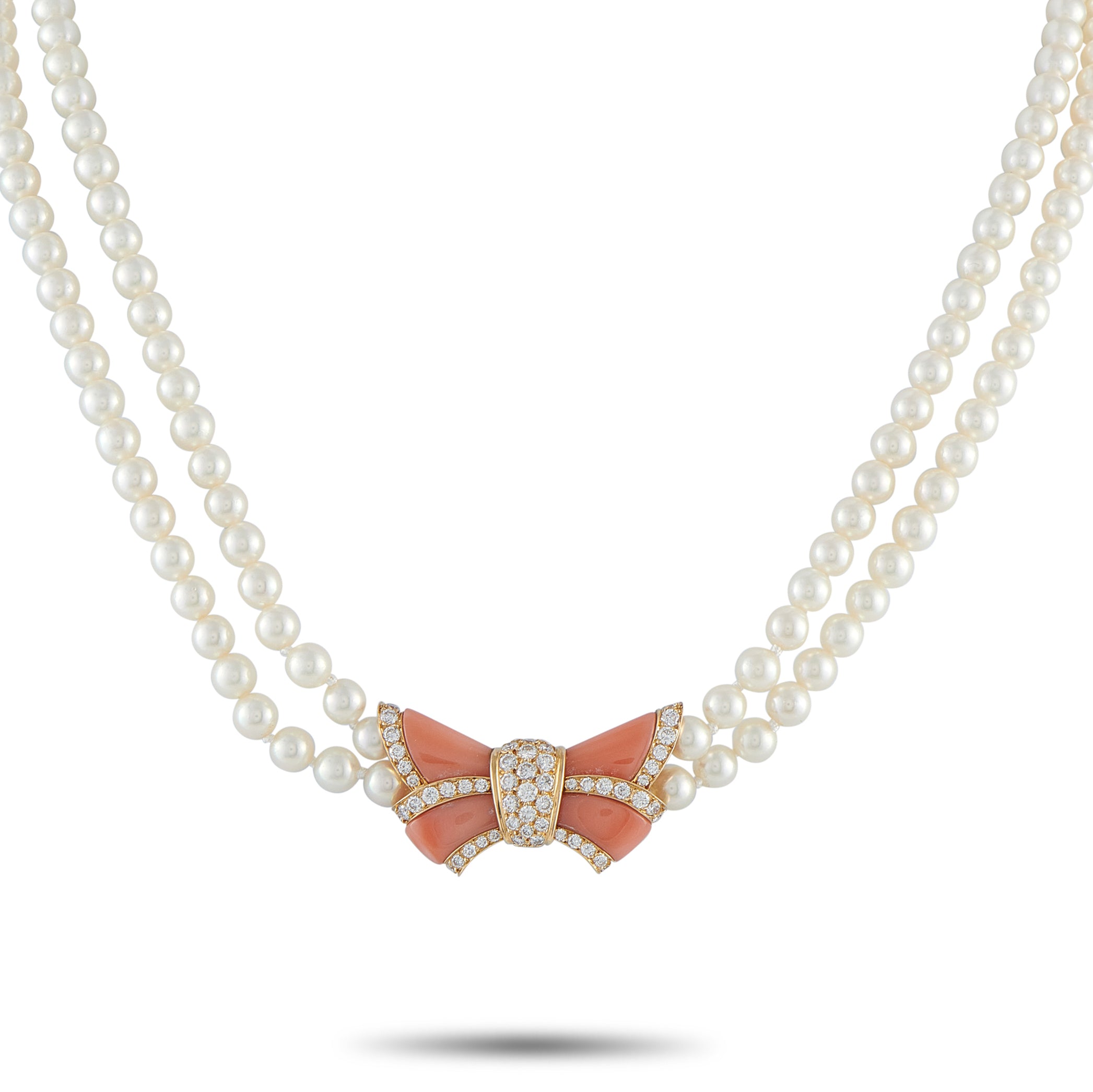 Van Cleef & Arpels Vintage 18K Yellow Gold 1.74ct Diamond, Coral, and Pearl Bow Necklace – This Van Cleef & Arpels necklace i
