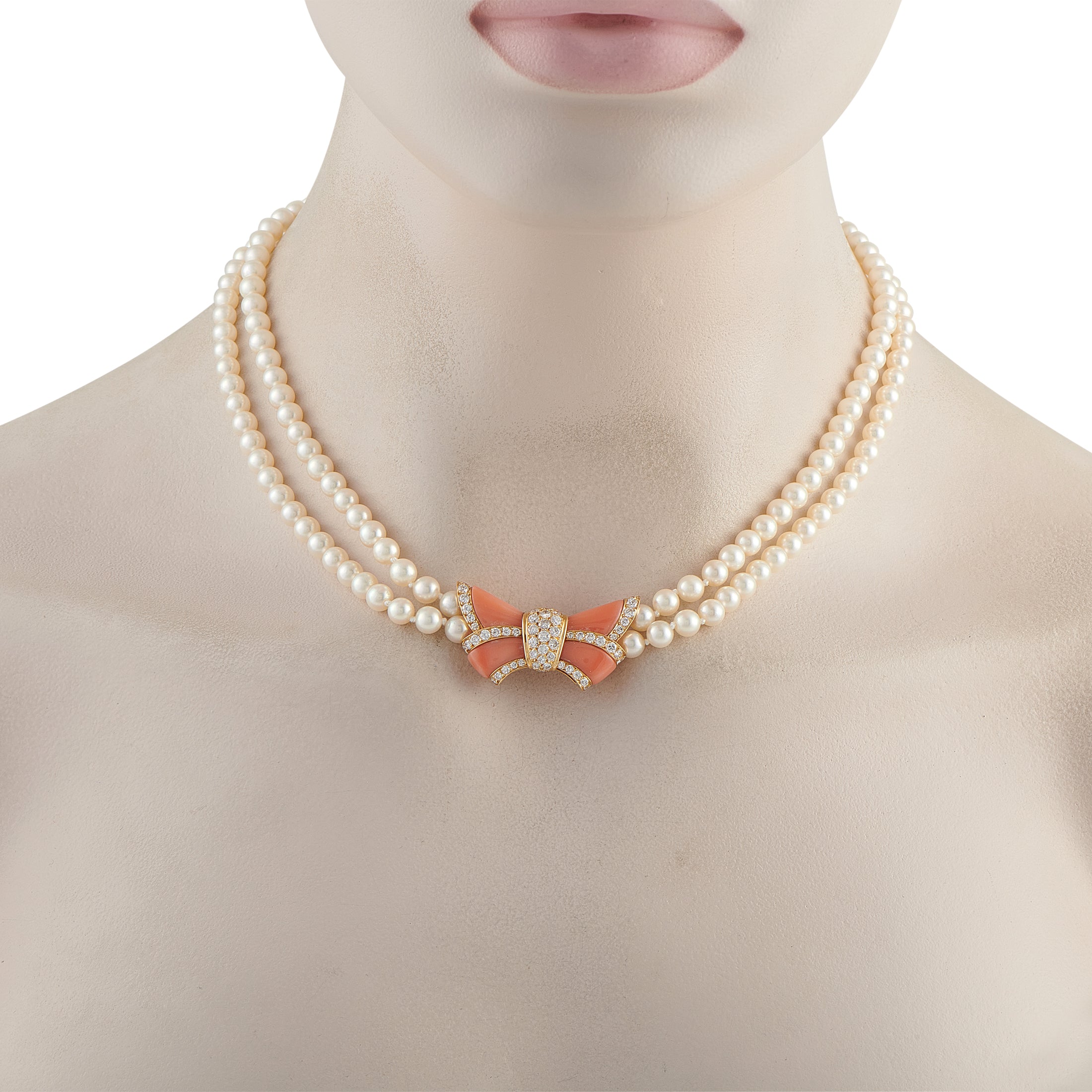Van Cleef & Arpels Vintage 18K Yellow Gold 1.74ct Diamond, Coral, and Pearl Bow Necklace