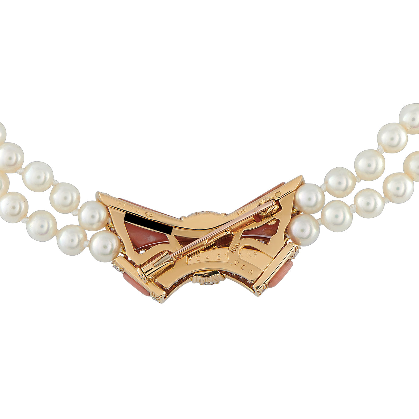 Van Cleef & Arpels Vintage 18K Yellow Gold 1.74ct Diamond, Coral, and Pearl Bow Necklace