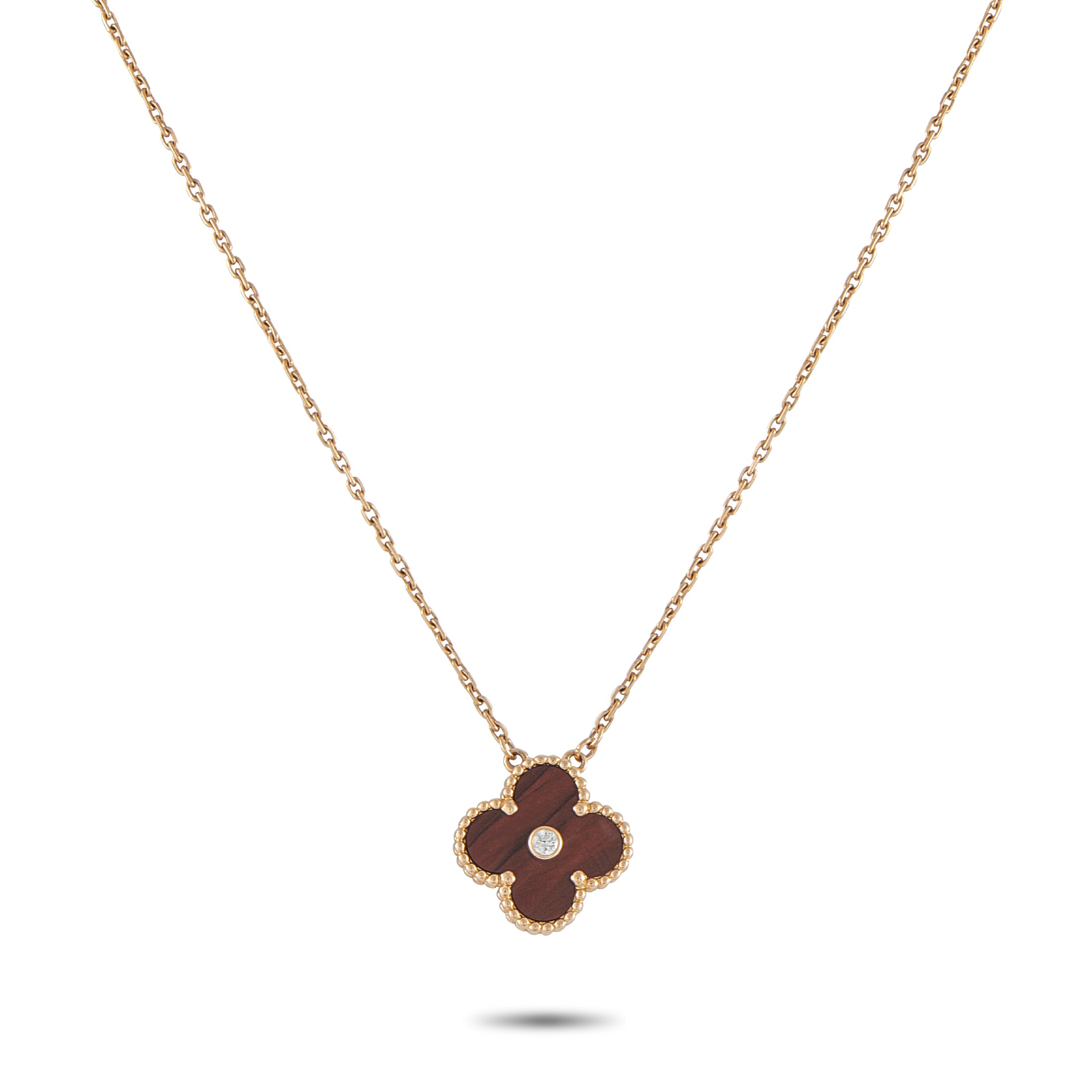 Van Cleef & Arpels Alhambra 18K Rose Gold Diamond and Bulls Eye Holiday Pendant – Effortless to wear and instantly recognizab