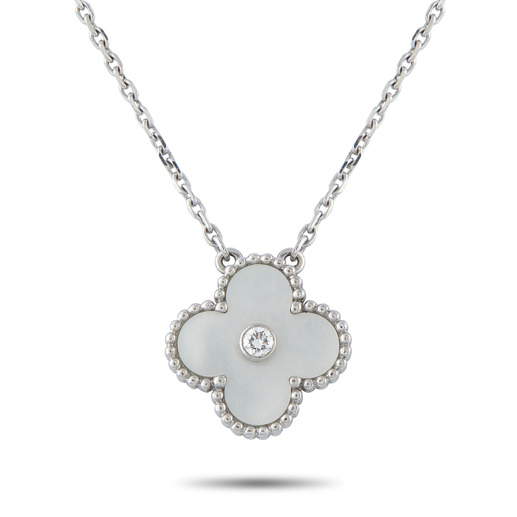 VAN CLEEF & ARPELS Van Cleef & Arpels Holiday Alhambra 18K White Gold Diamond and Mother of Pearl Pendant