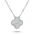 Mother of pearl clover pendant with diamond center on 18K white gold chain