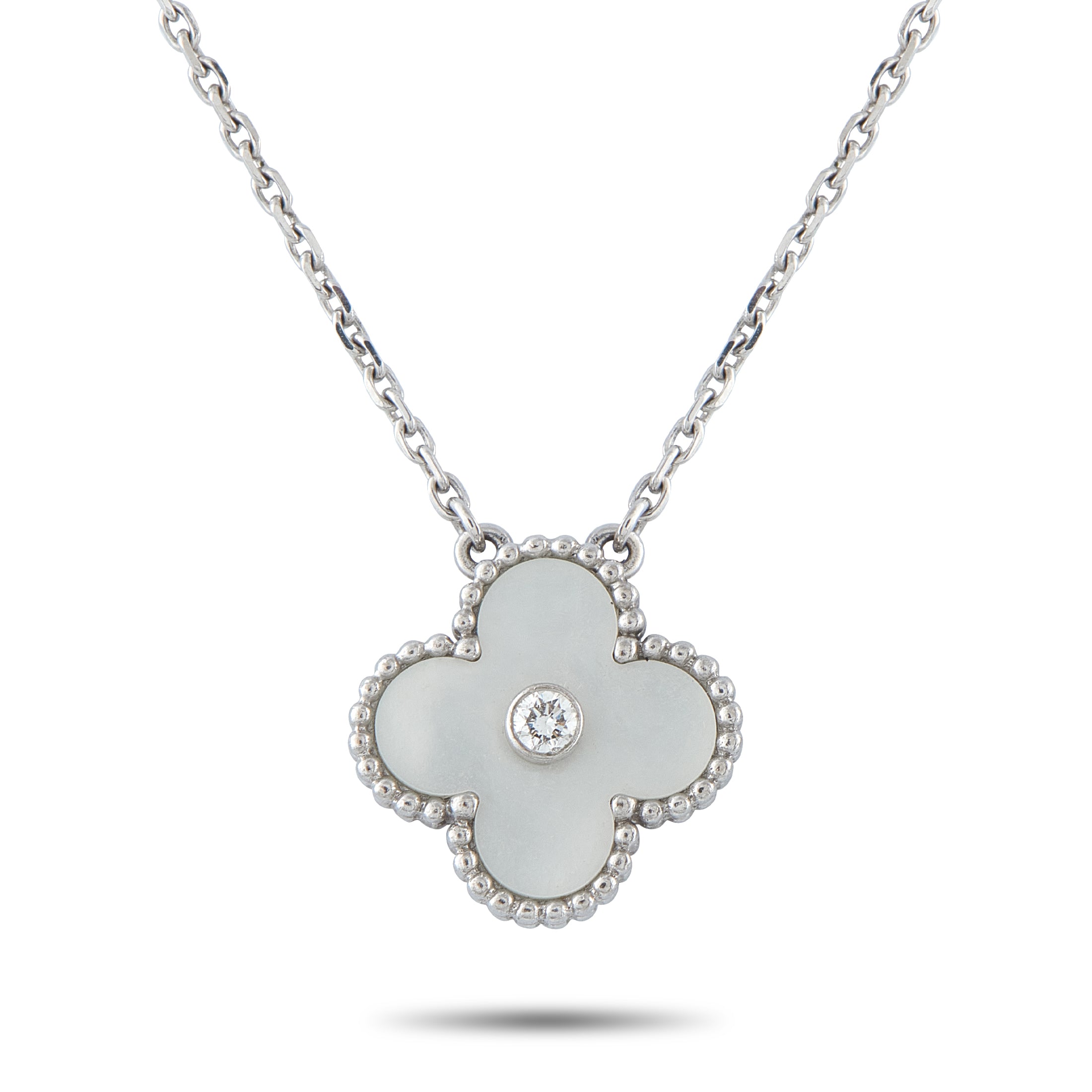 VAN CLEEF & ARPELS Van Cleef & Arpels Holiday Alhambra 18K White Gold Diamond and Mother of Pearl Pendant