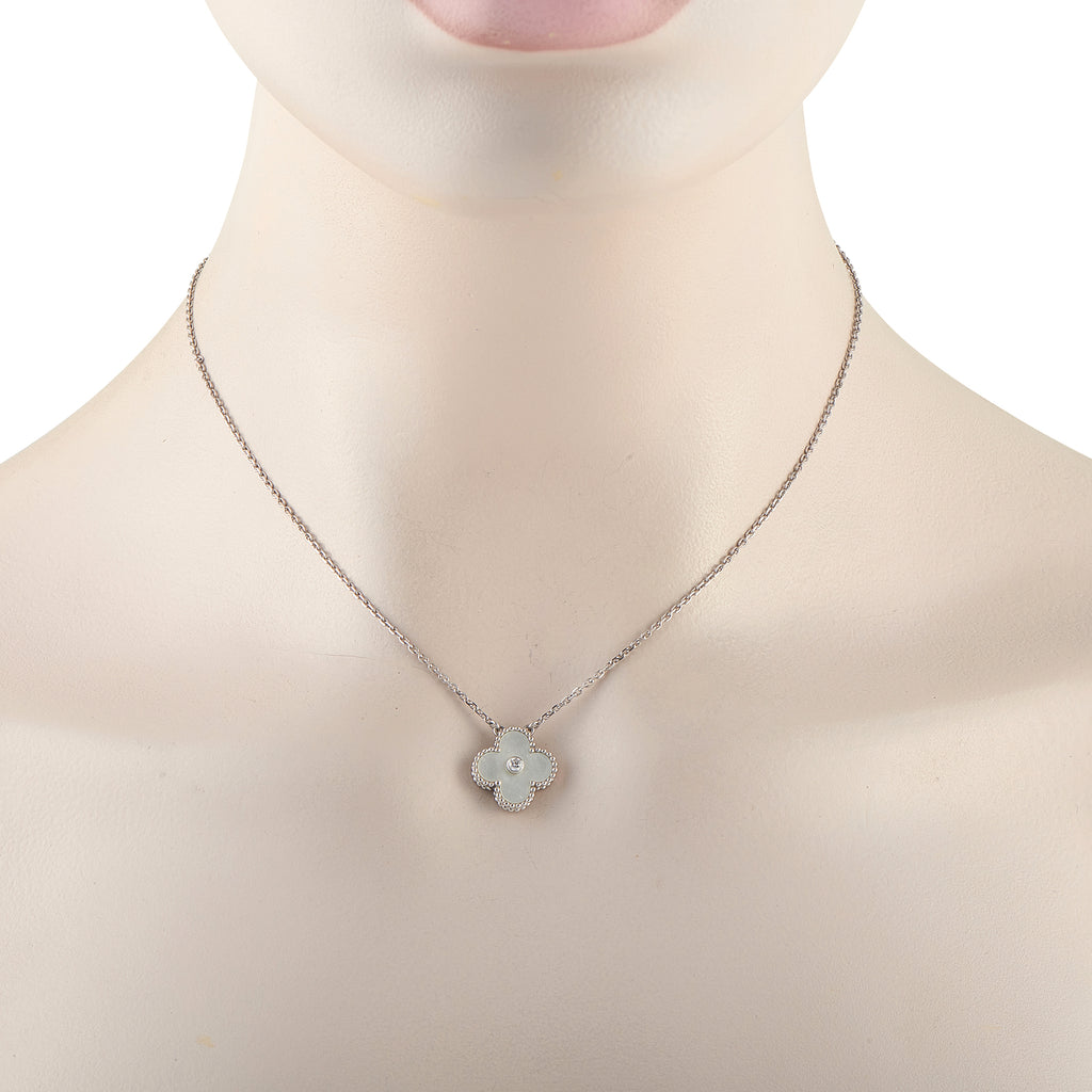 VAN CLEEF & ARPELS Van Cleef & Arpels Holiday Alhambra 18K White Gold Diamond and Mother of Pearl Pendant
