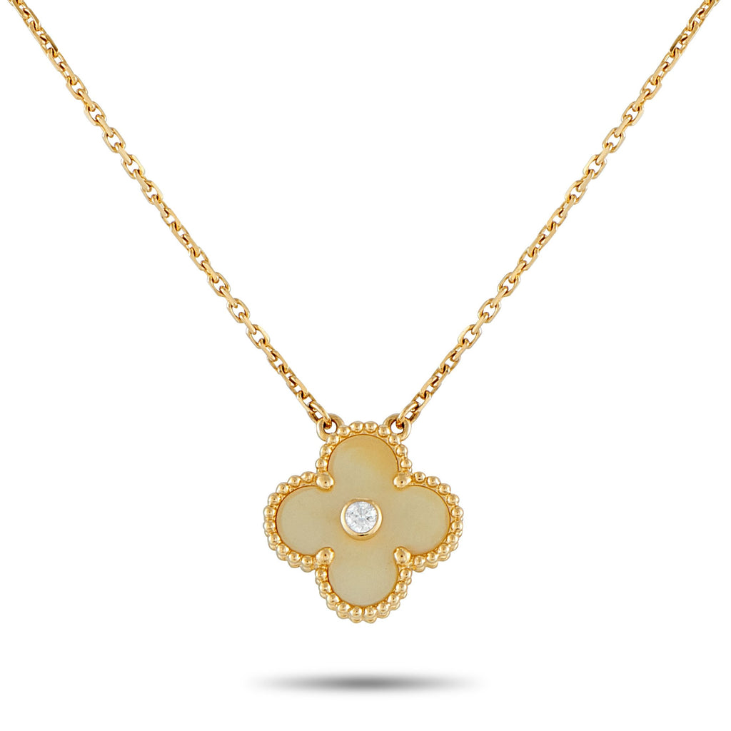 Van Cleef & ArpelsVan Cleef & Arpels Alhambra 18K Yellow Gold Diamond and Mother of Pearl Holiday Pendant Necklace VC15-10072
