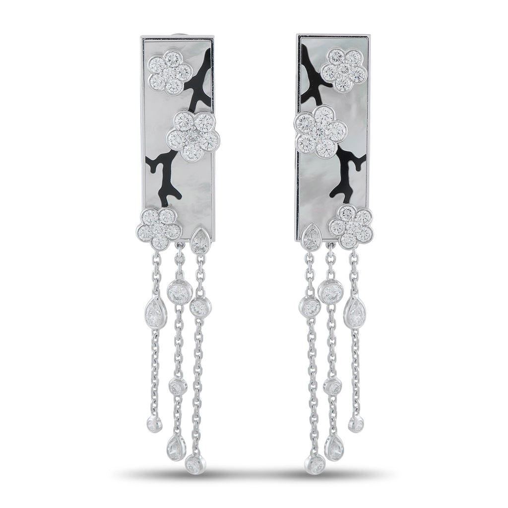 Van Cleef & Arpels Miroir Des Eaux 18K White Gold 4.50ct Diamond, Onyx, and Mother of Pearl Earrings