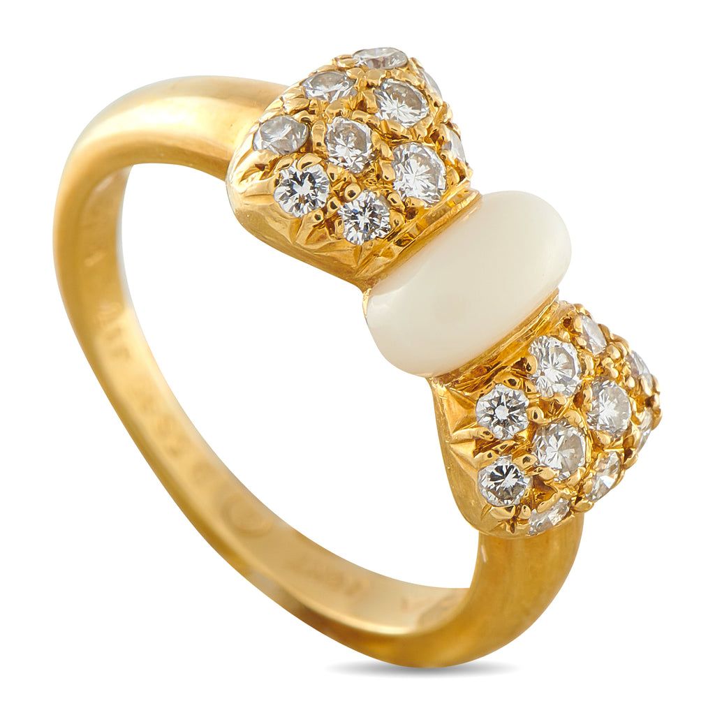 Van Cleef & Arpels Papillon 18K Yellow Gold 0.39ct Diamond and Coral Bow Ring