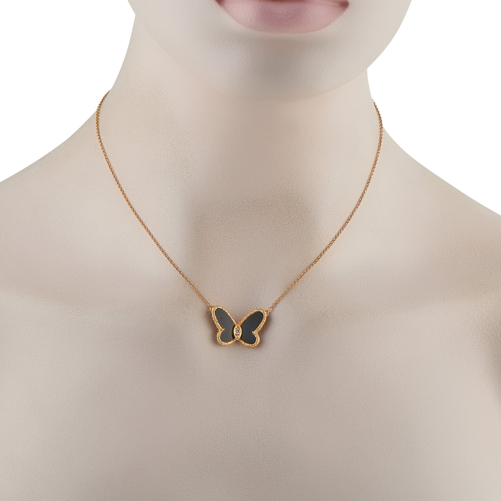 Van Cleef & Arpels Vintage Papillon 18K Yellow Gold Diamond and Onyx Necklace