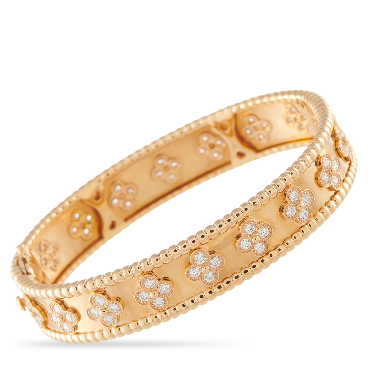 Rose gold diamond bracelet with clover motifs and beaded edges