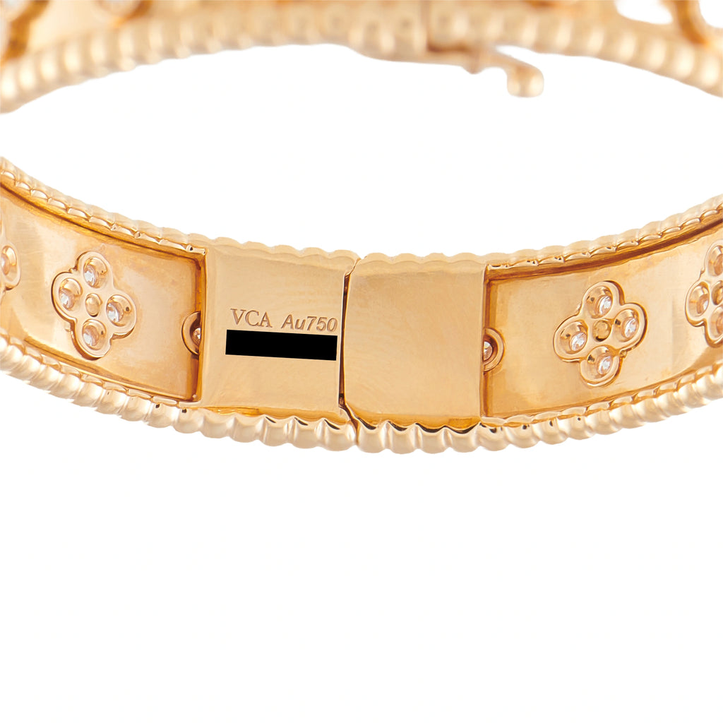 Rose gold diamond bracelet with engraved center clasp and clover motif panels