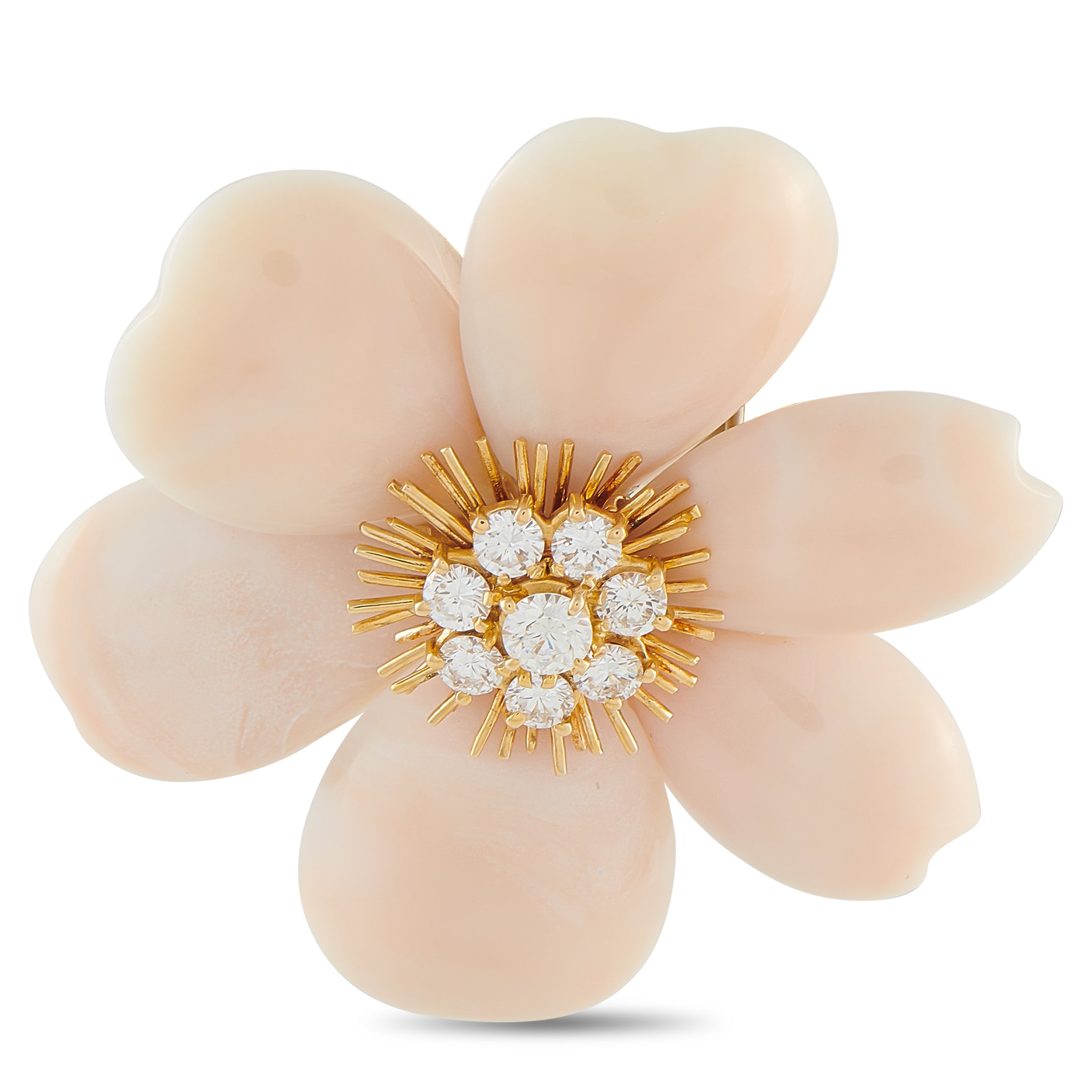 Coral flower brooch with 18K yellow gold rim and diamond center, radiant spiked setting