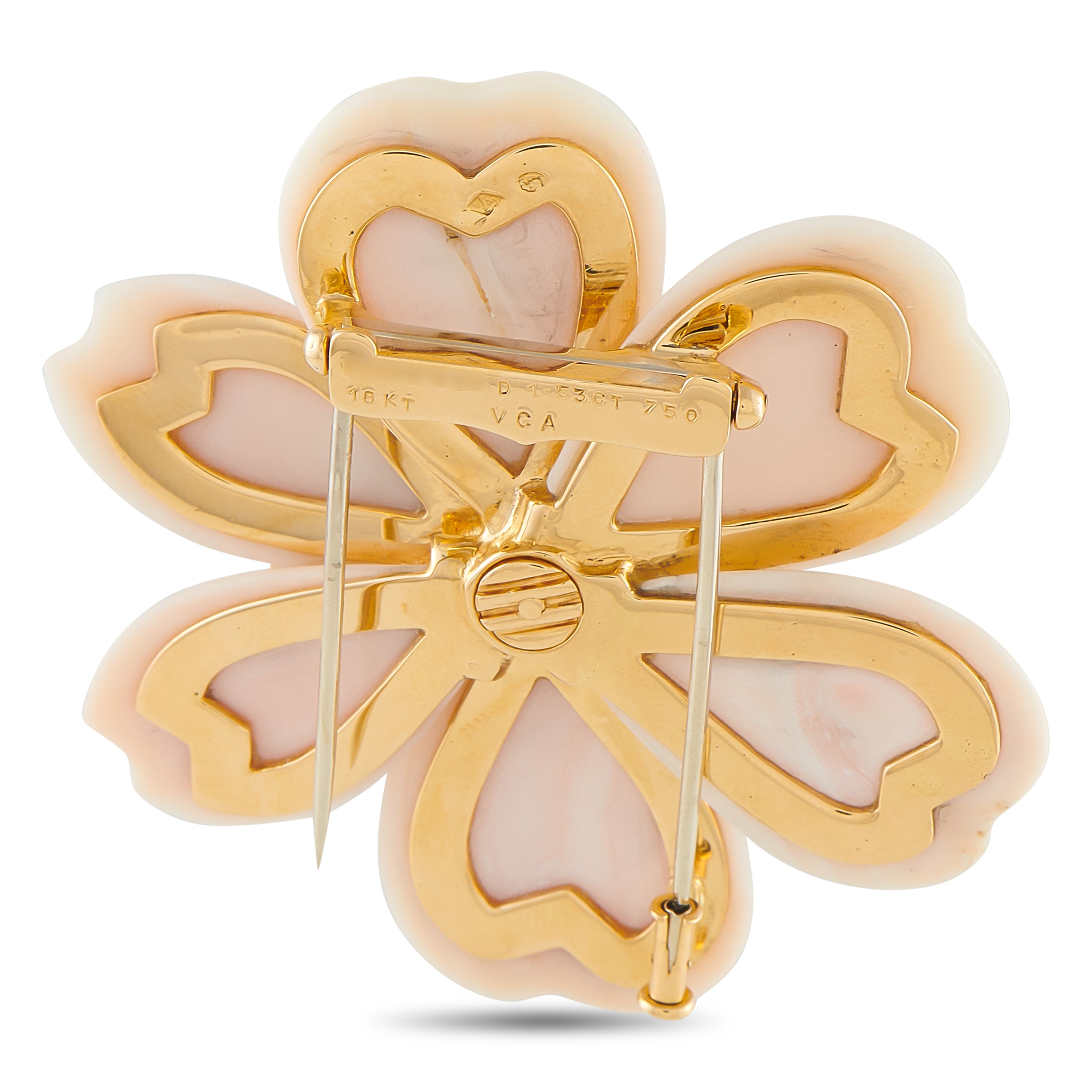 Coral flower brooch back with gold pin and clasp, detailed petal frame