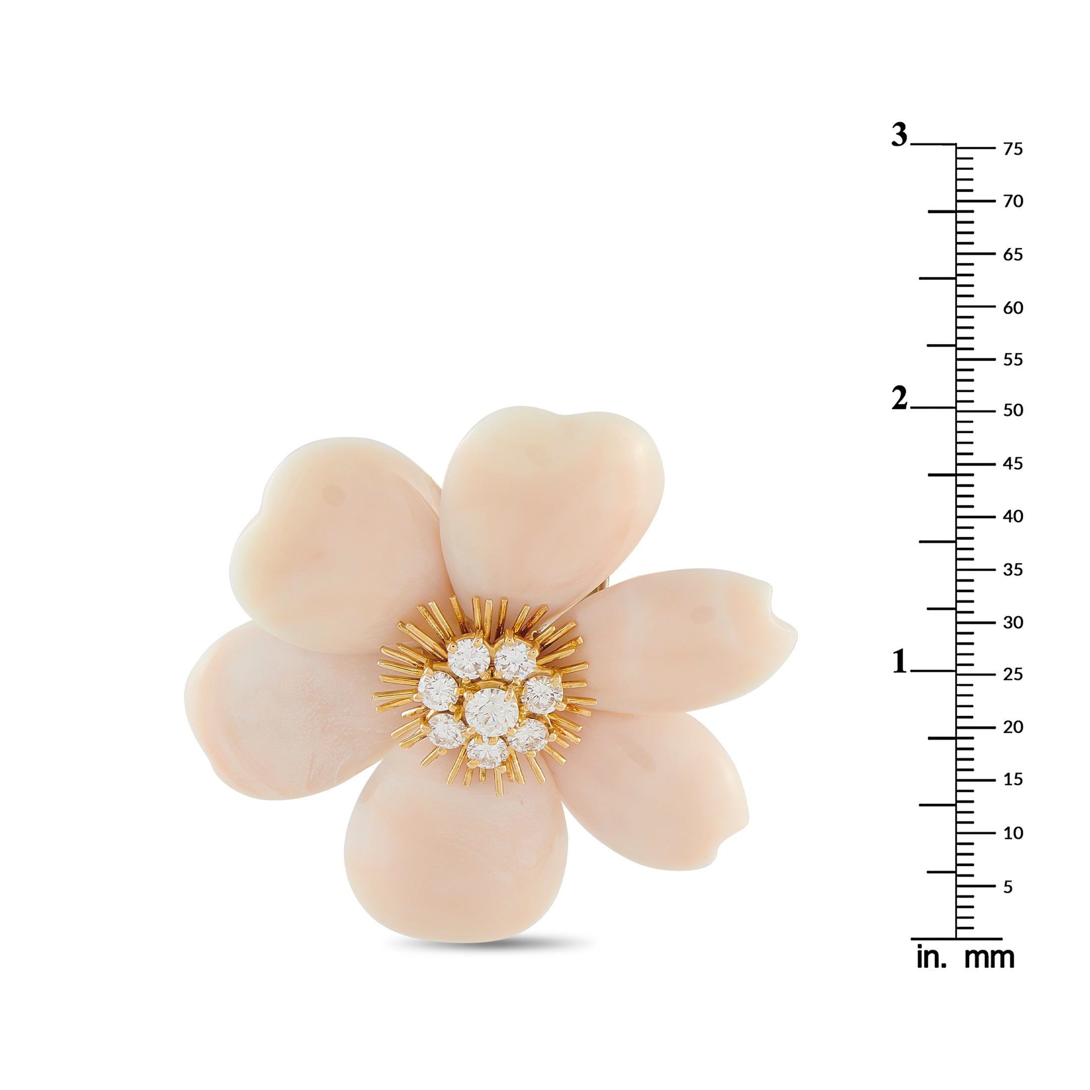 Coral flower brooch with diamond center in yellow gold, shown with size scale