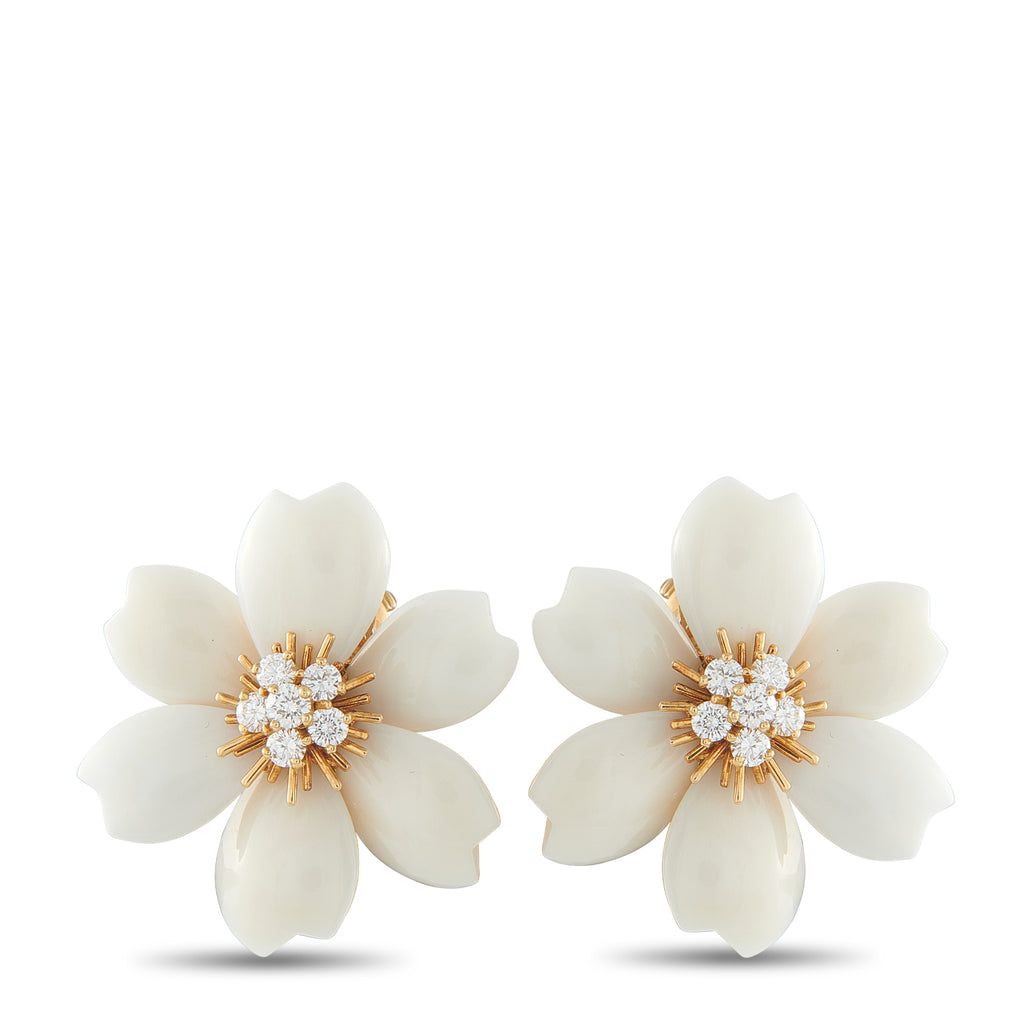 VAN CLEEF & ARPELS Van Cleef & Arpels Rose de Noel 18K Yellow Gold 0.97ct Diamond and White Coral Earrings