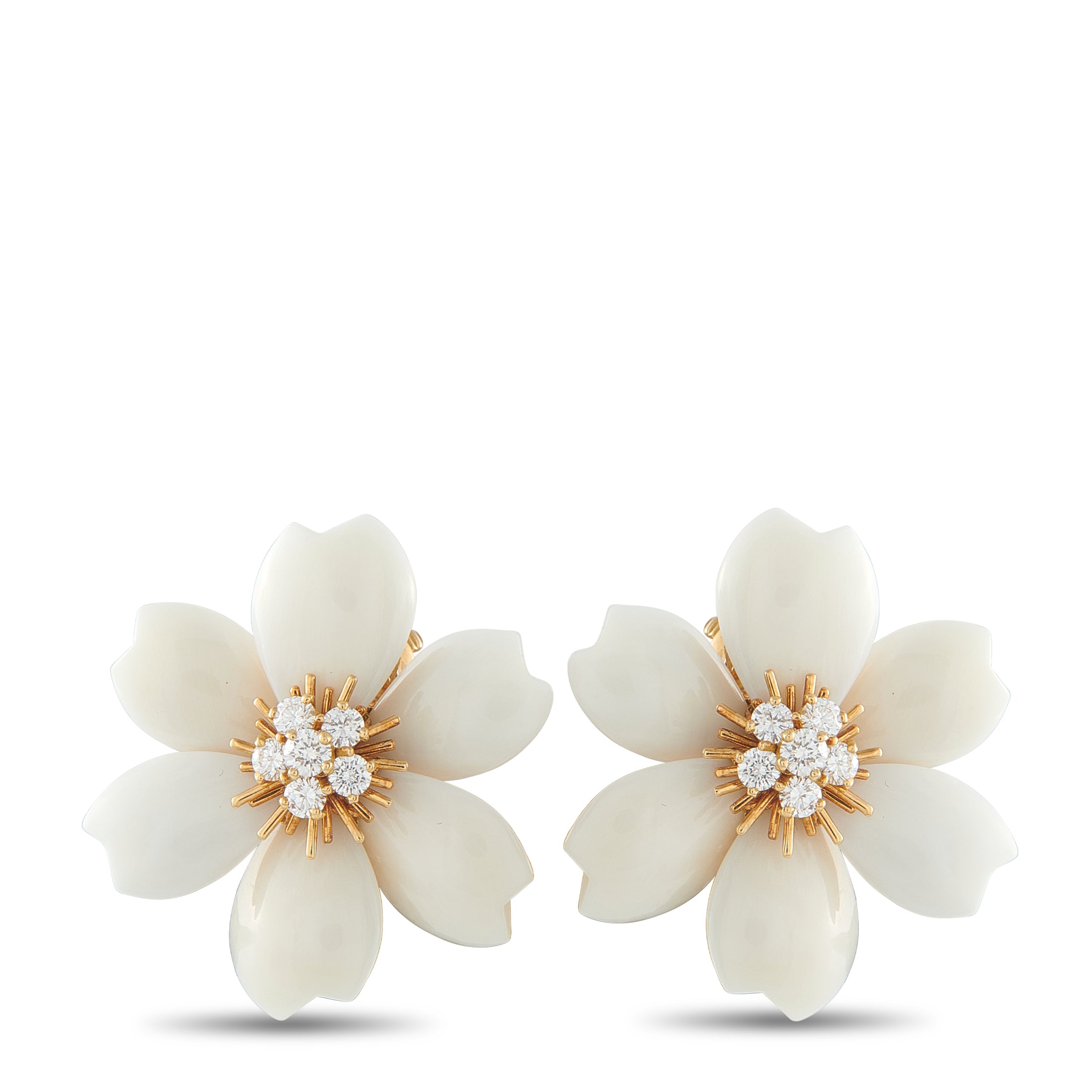 Van Cleef & Arpels Rose de Noel 18K Yellow Gold 0.97ct Diamond and White Coral Earrings