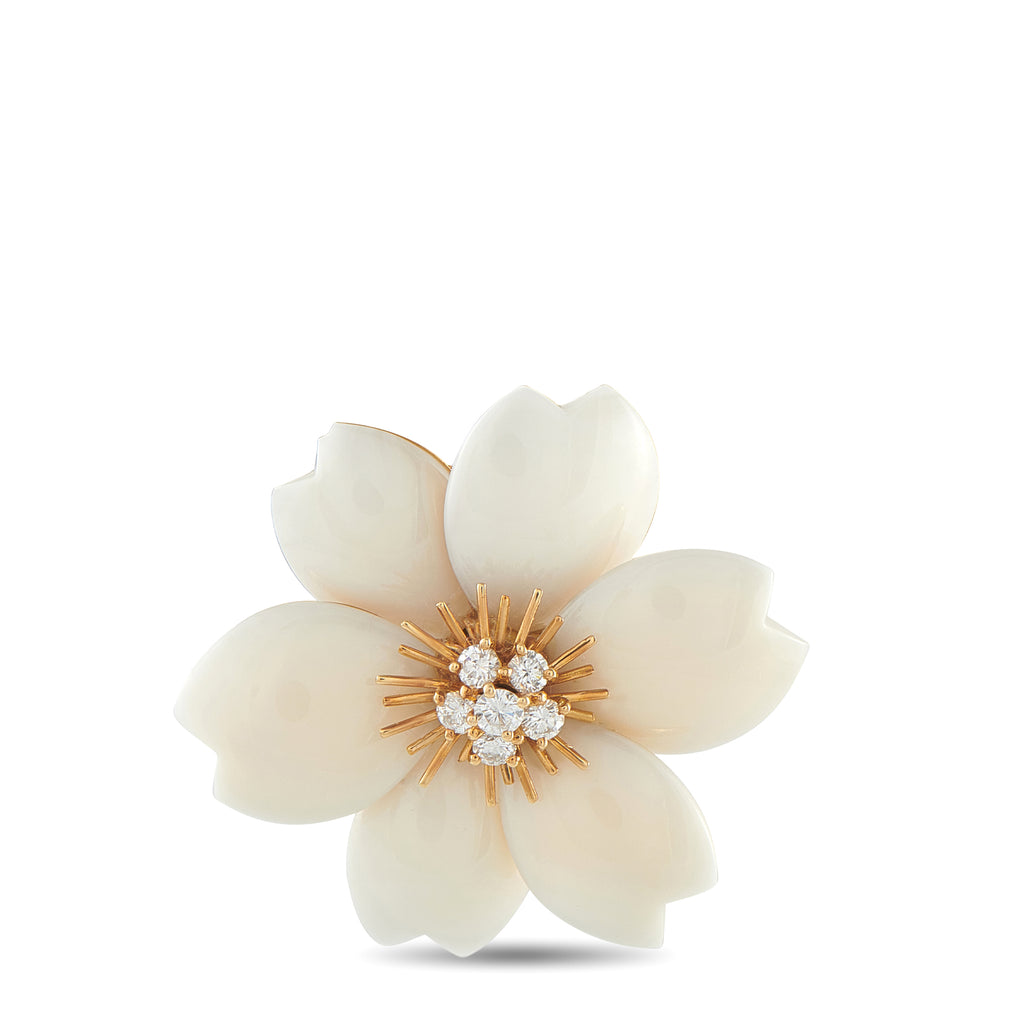 VAN CLEEF & ARPELS Van Cleef & Arpels Rose de Noel 18K Yellow Gold 0.50ct Diamond and White Coral Brooch