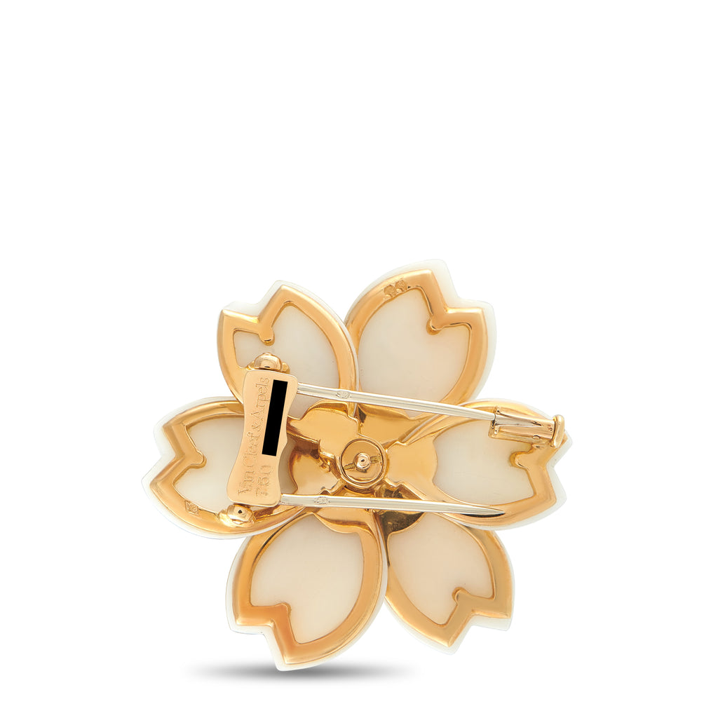 VAN CLEEF & ARPELS Van Cleef & Arpels Rose de Noel 18K Yellow Gold 0.50ct Diamond and White Coral Brooch