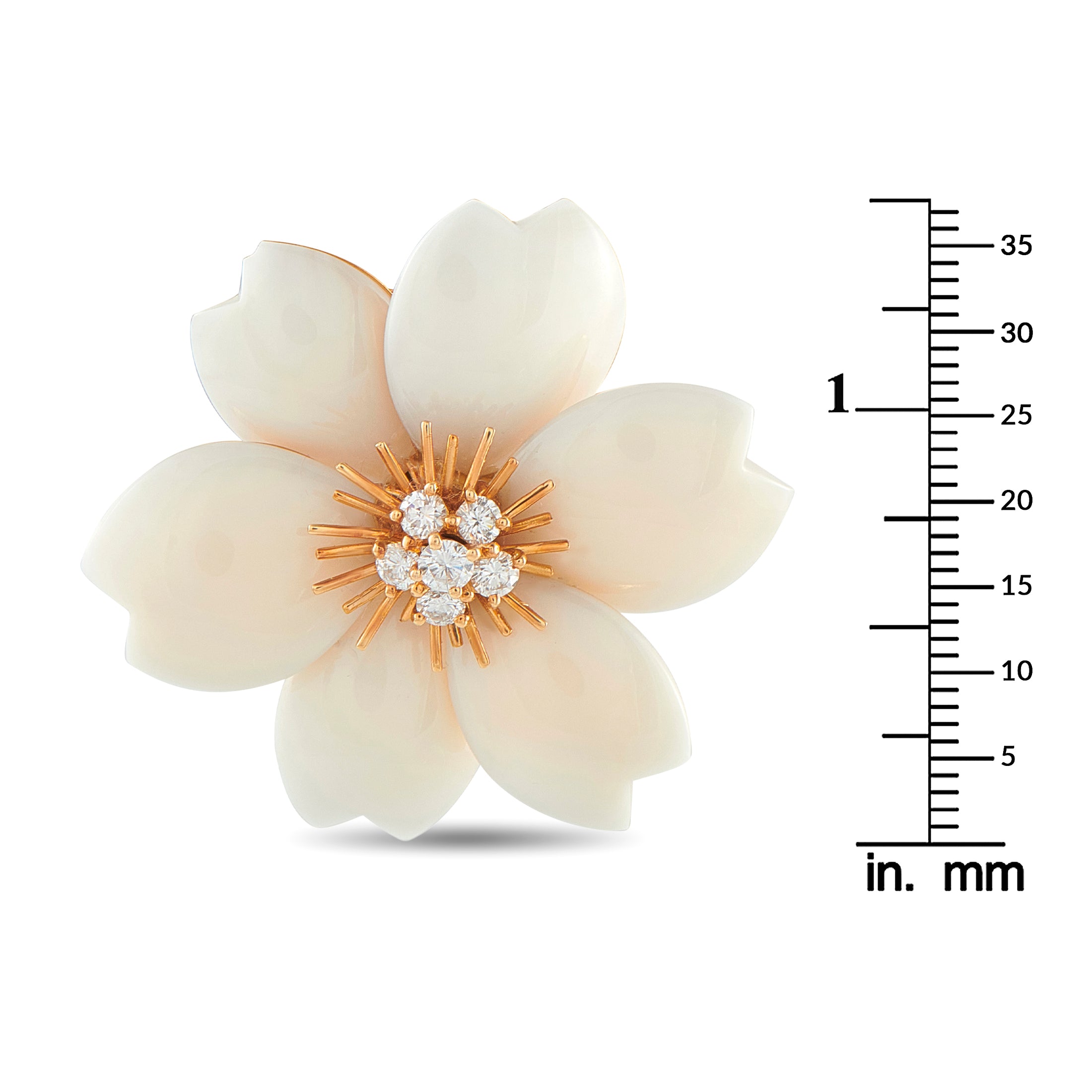 VAN CLEEF & ARPELS Van Cleef & Arpels Rose de Noel 18K Yellow Gold 0.50ct Diamond and White Coral Brooch