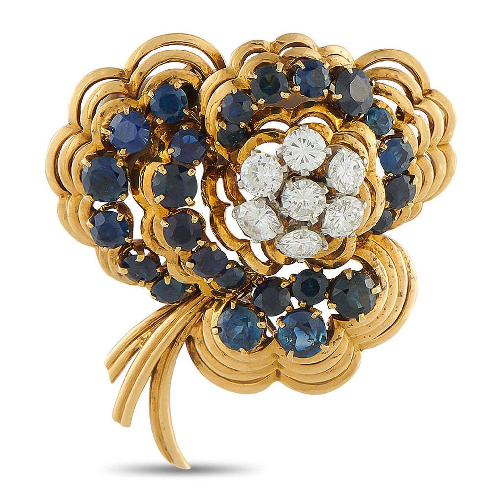 Van Cleef & ArpelsVan Cleef & Arpels Vintage 18K Yellow Gold 1.50ct Diamond and Sapphire Brooch — This vintage Van Cleef & Ar