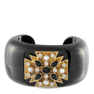 Verdura 18K Yellow Gold 2.20ct Diamond, Black Jade, Onyx, and Pearl Maltese Cross Cuff Bracelet