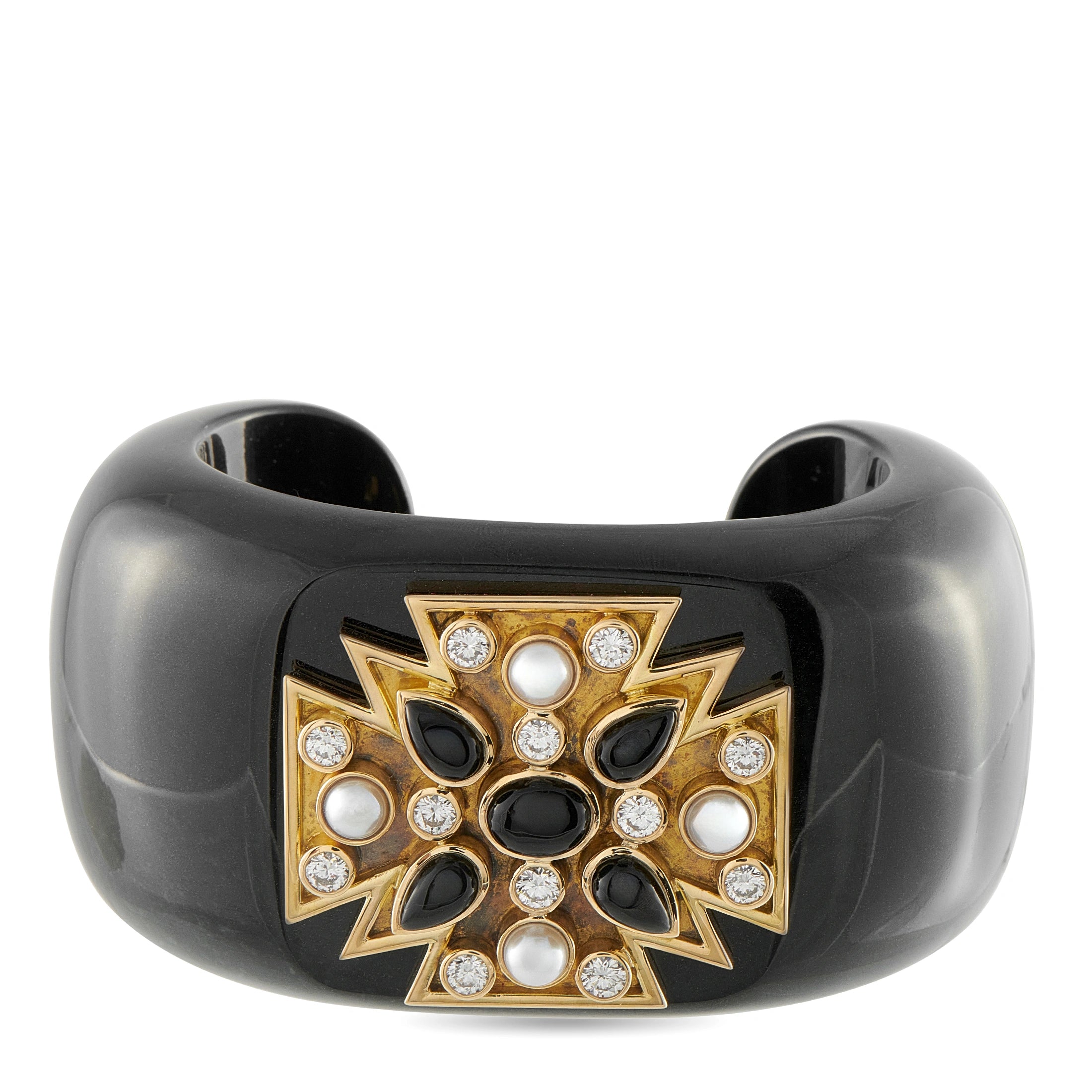 Black cuff bracelet with Maltese cross gemstone design in gold and white stones