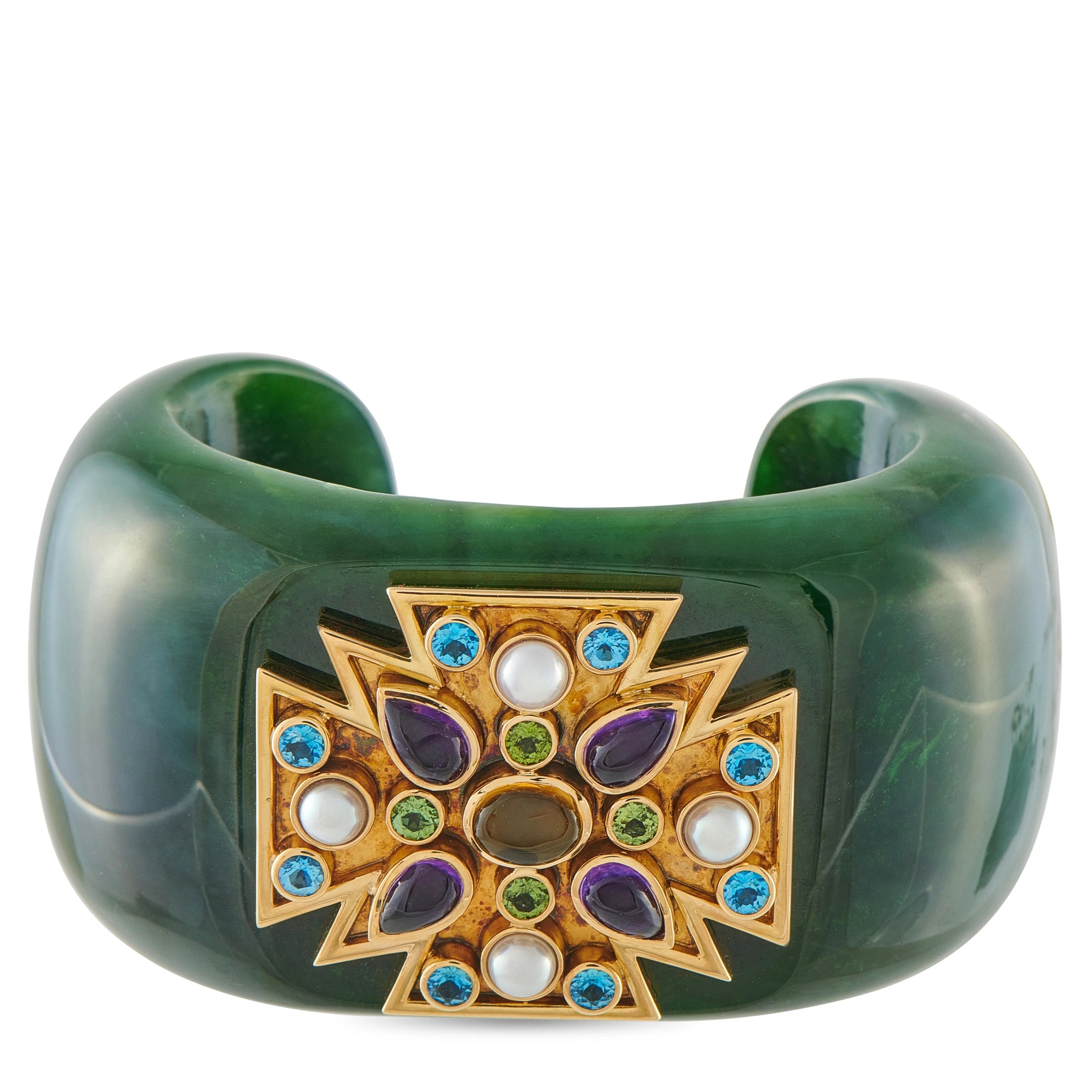 Verdura green nephrite cuff bracelet with gold Maltese cross multi-gem motif