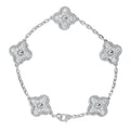 White gold diamond bracelet with five clover motifs on link chain
