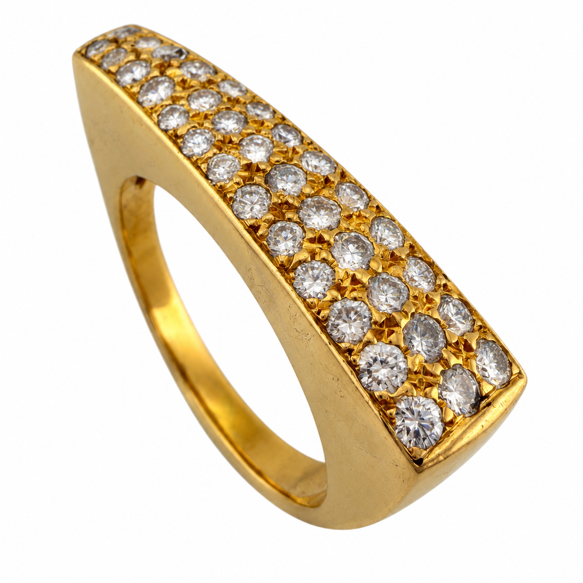 18k yellow gold diamond triangle band ring with round white diamonds on top