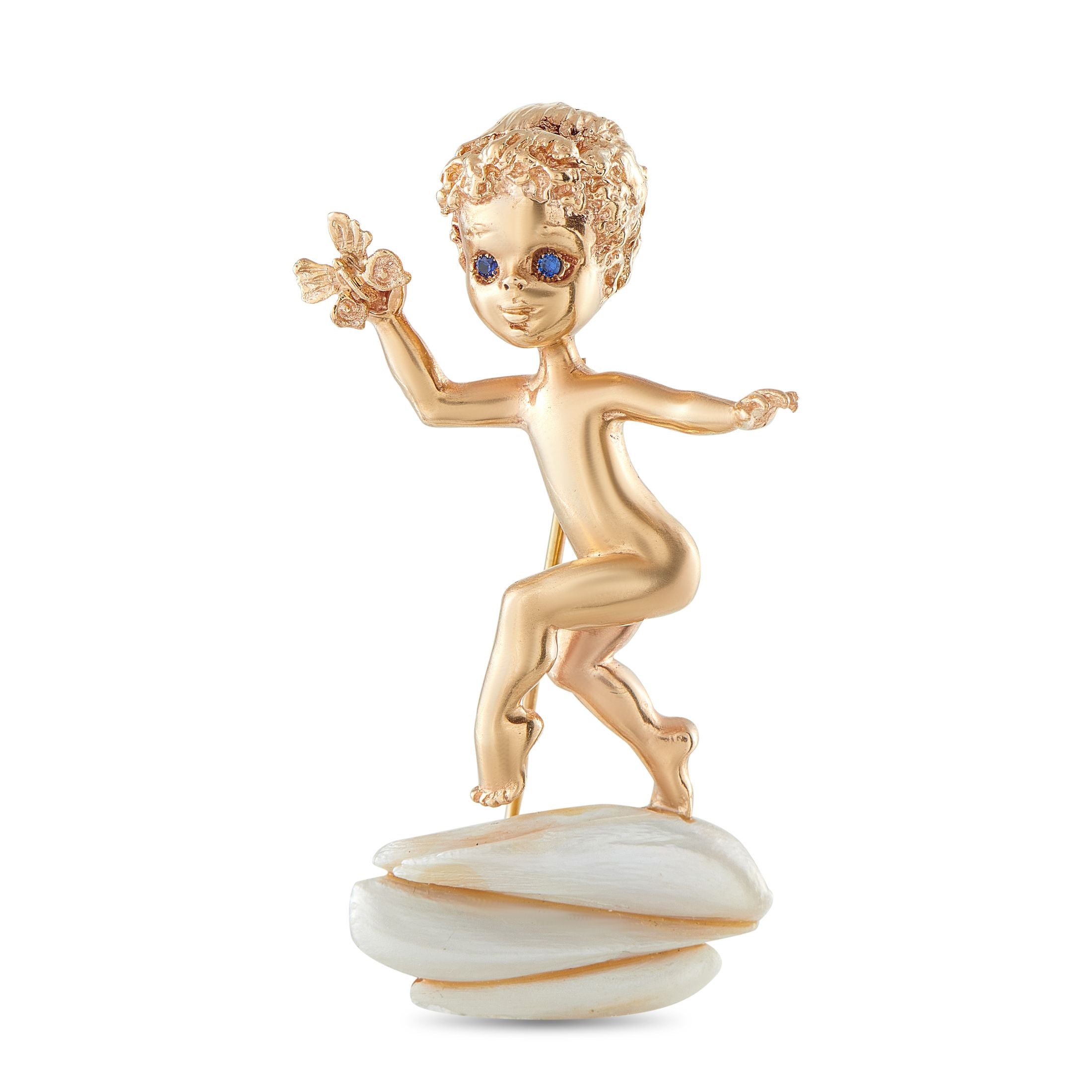 William RuserRetro 14K Rose Gold Sapphire and Pearl Tuesday’s Child Cherub Brooch — A classical design makes this William Rus