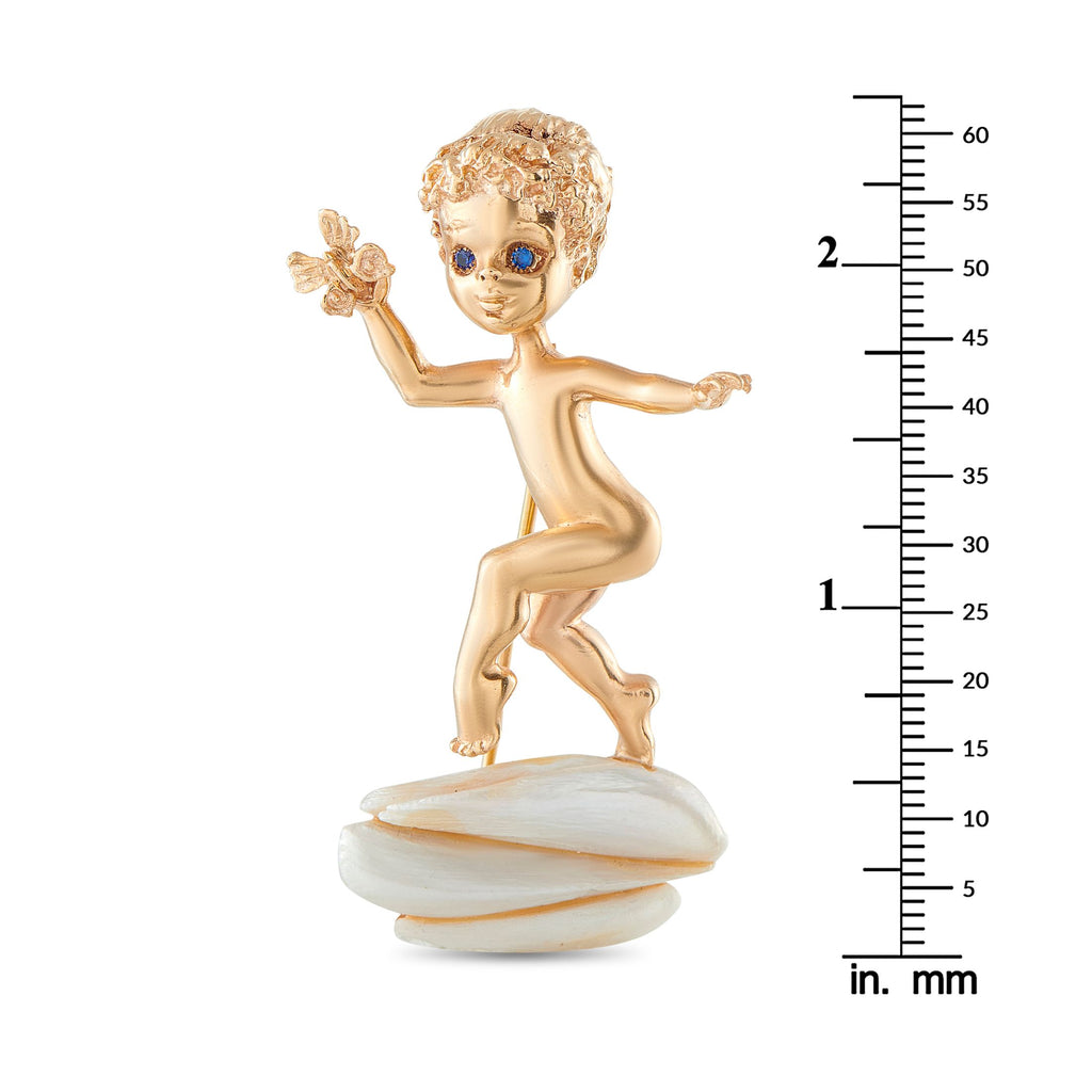 William Ruser Retro 14K Rose Gold Sapphire and Pearl Tuesday’s Child Cherub Brooch