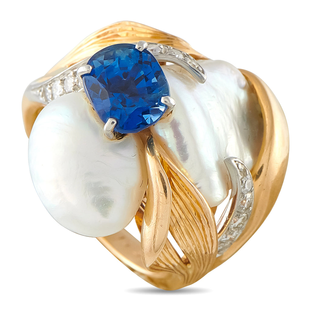 William Ruser Vintage Platinum and 14K Yellow Gold 0.16ct Diamond, Sapphire, and Baroque Pearl Ring