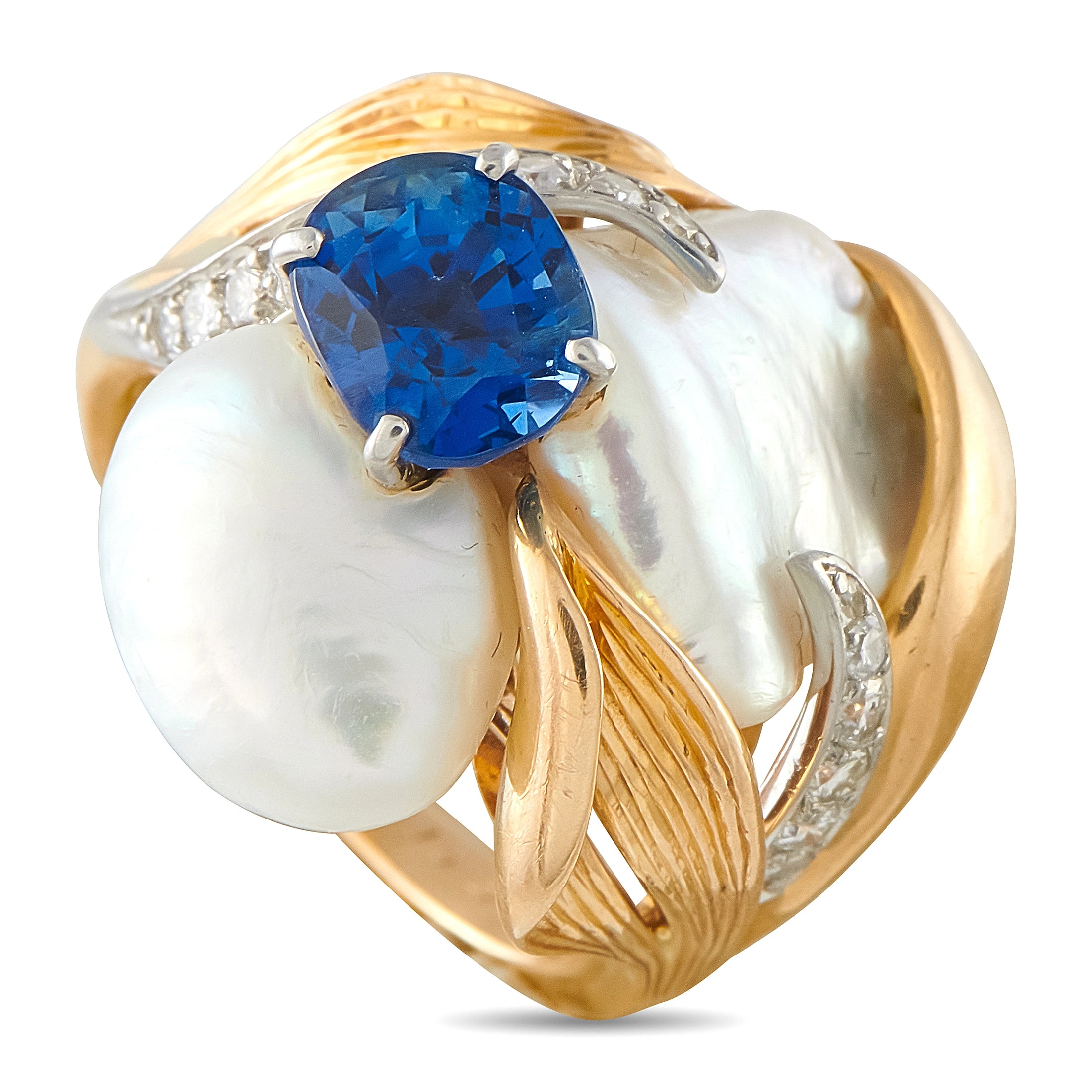 William Ruser Vintage Platinum and 14K Yellow Gold 0.16ct Diamond, Sapphire, and Baroque Pearl Ring