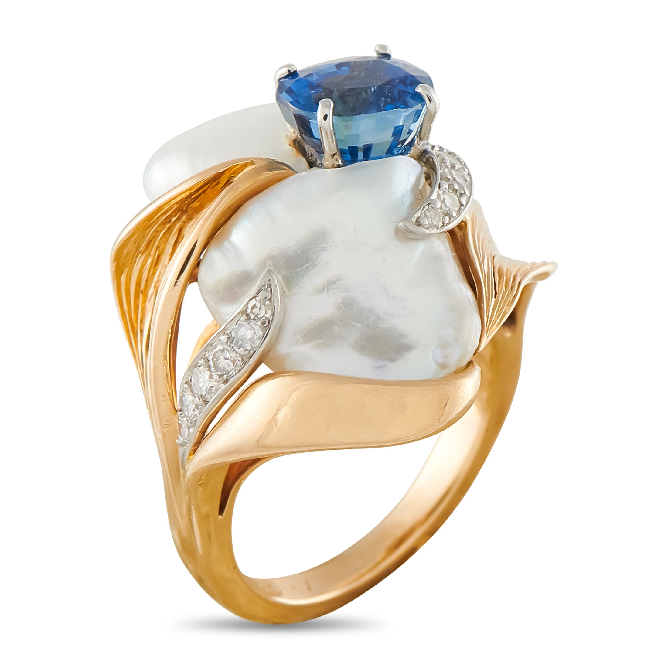 William Ruser Vintage Platinum and 14K Yellow Gold 0.16ct Diamond, Sapphire, and Baroque Pearl Ring
