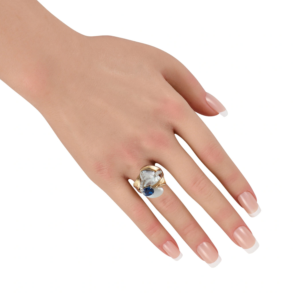 William Ruser Vintage Platinum and 14K Yellow Gold 0.16ct Diamond, Sapphire, and Baroque Pearl Ring