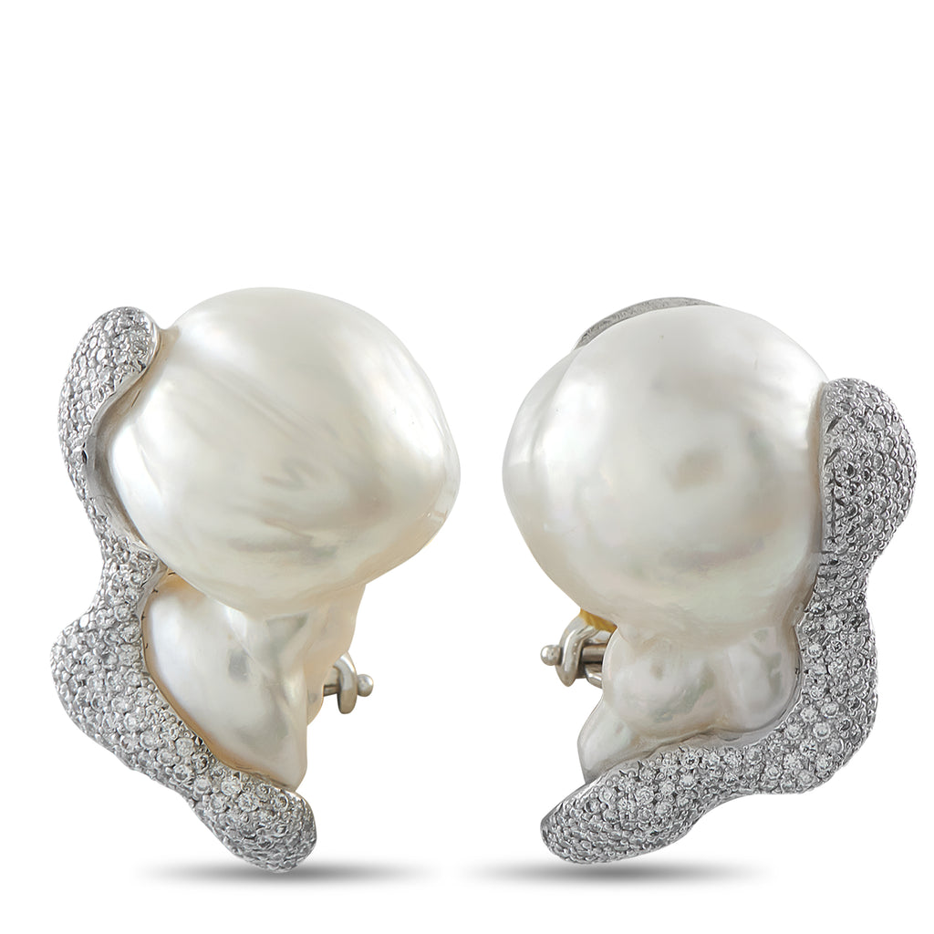 Yvel 18K White Gold 2.15ct Diamond and Baroque Pearl Earrings – Uniquely shaped Baroque Pearls make these Yvel earrings incre