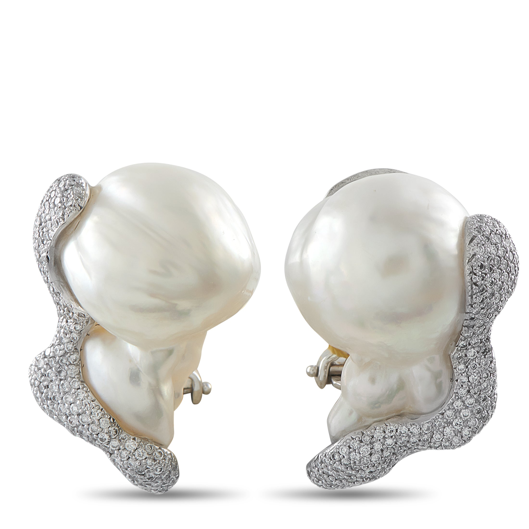 Yvel 18K White Gold 2.15ct Diamond and Baroque Pearl Earrings – Uniquely shaped Baroque Pearls make these Yvel earrings incre