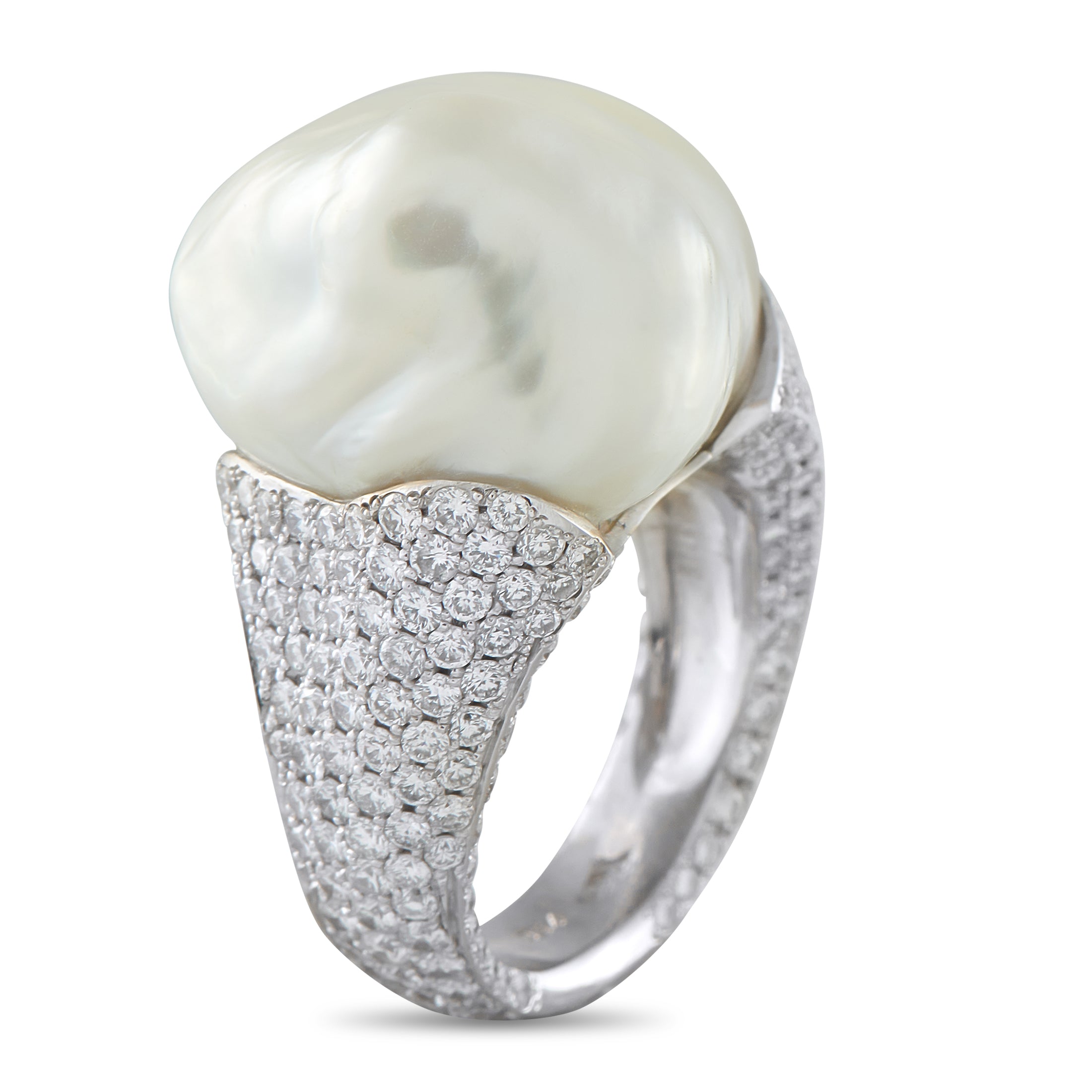 Yvel 18K White Gold 3.20ct Diamond and Baroque Pearl Ring