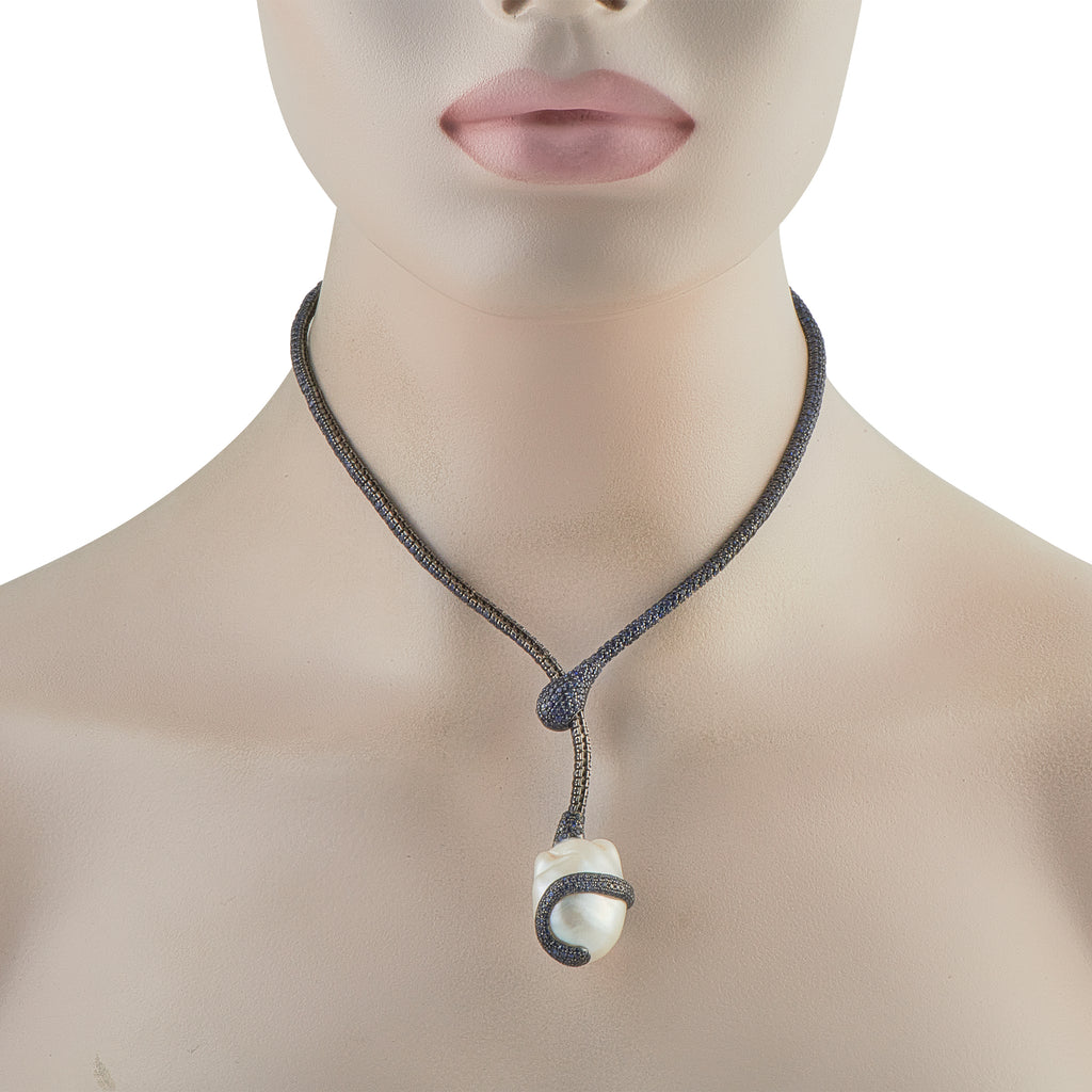 Yvel 18K White Gold Sapphire and Baroque Pearl Lariat Necklace