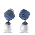 White gold drop earrings with blue sapphire pavé tops and white pearl drops