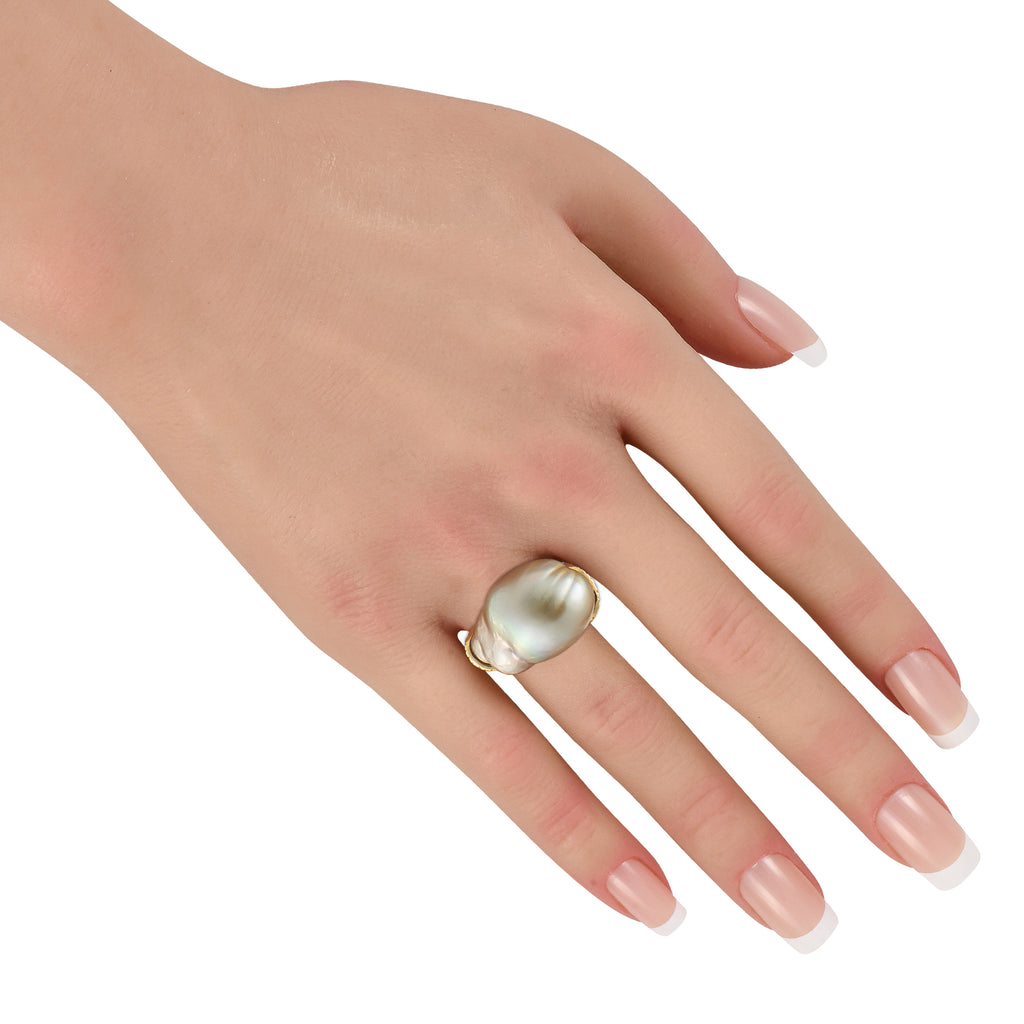Yvel 18K Yellow Gold 1.90ct Diamond and Baroque Pearl Ring