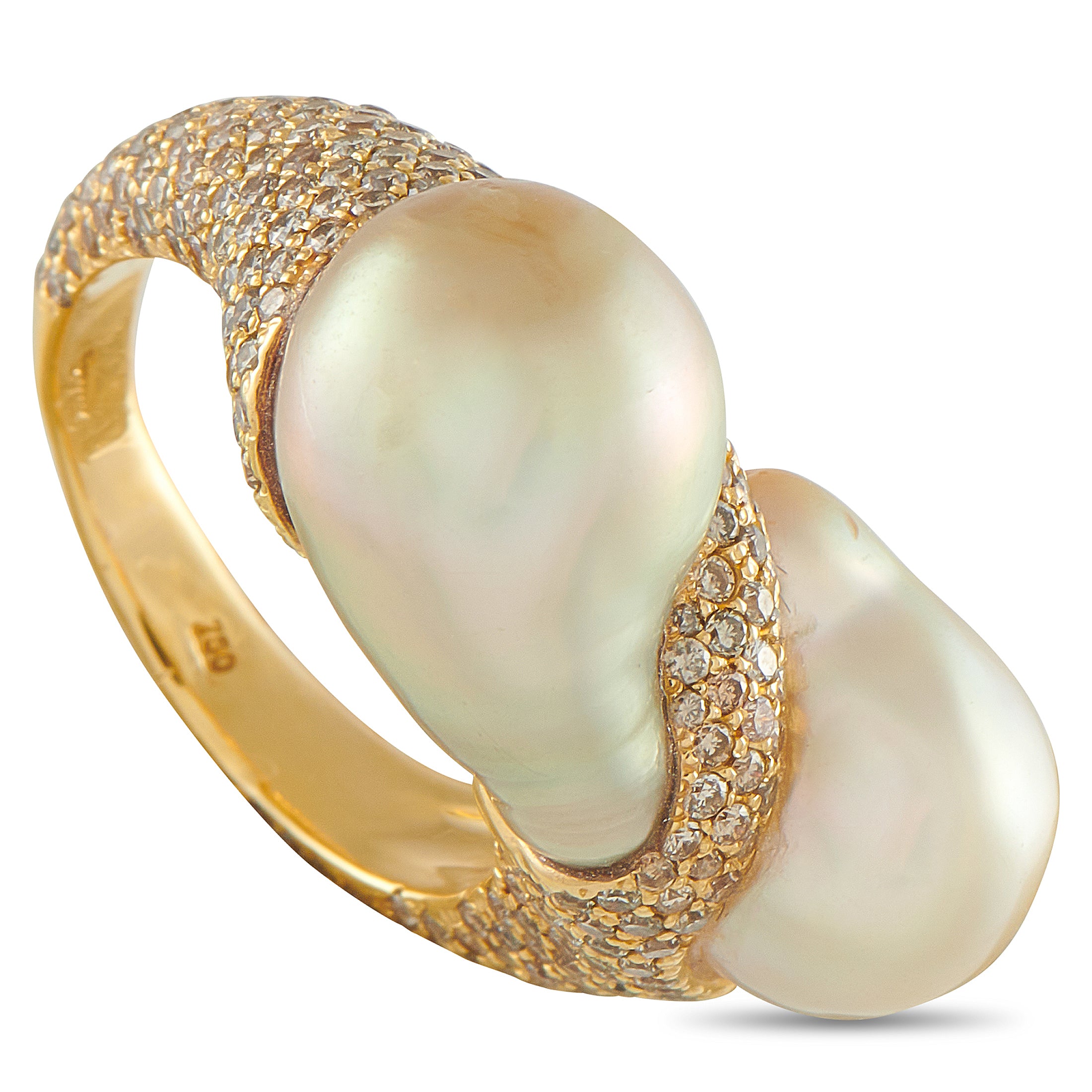 Yvel 18K Yellow Gold 2.0ct Diamond and Baroque Pearl Ring – An artistic design makes this Yvel ring nothing short of breathta
