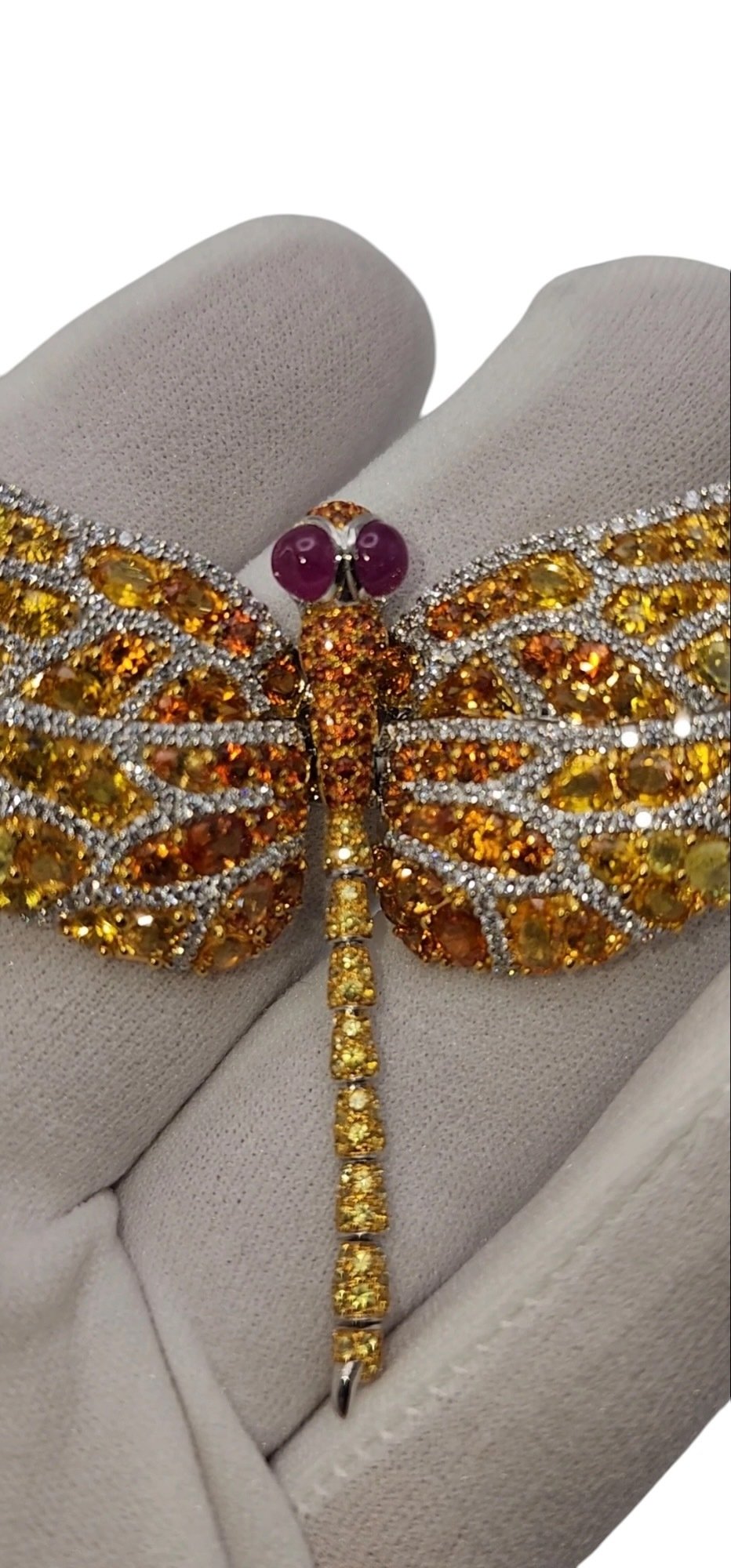 Vintage 18K Gold Dragonfly Brooch with Large Orange Sapphires and Diamonds