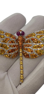 Vintage 18K Gold Dragonfly Brooch with Large Orange Sapphires and Diamonds