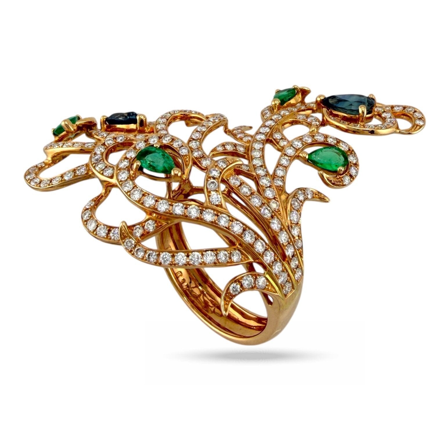18K Rose Gold 1.92ct Diamond, Emerald and Blue Sapphire Branch Ring
