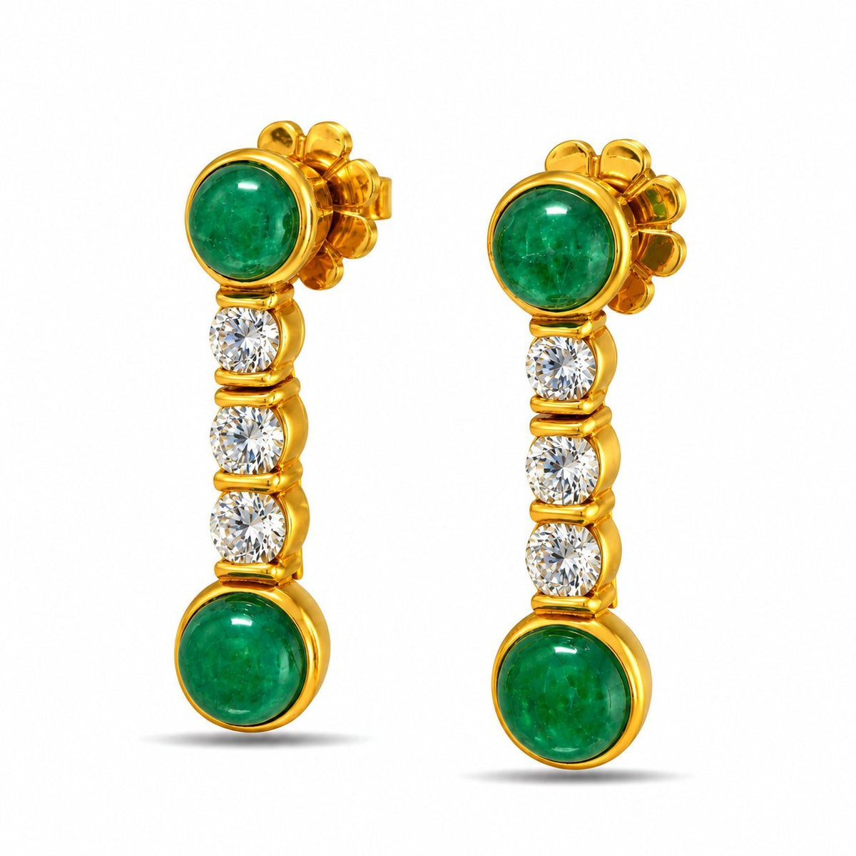 Pair of yellow gold drop earrings with green cabochons and three diamonds each