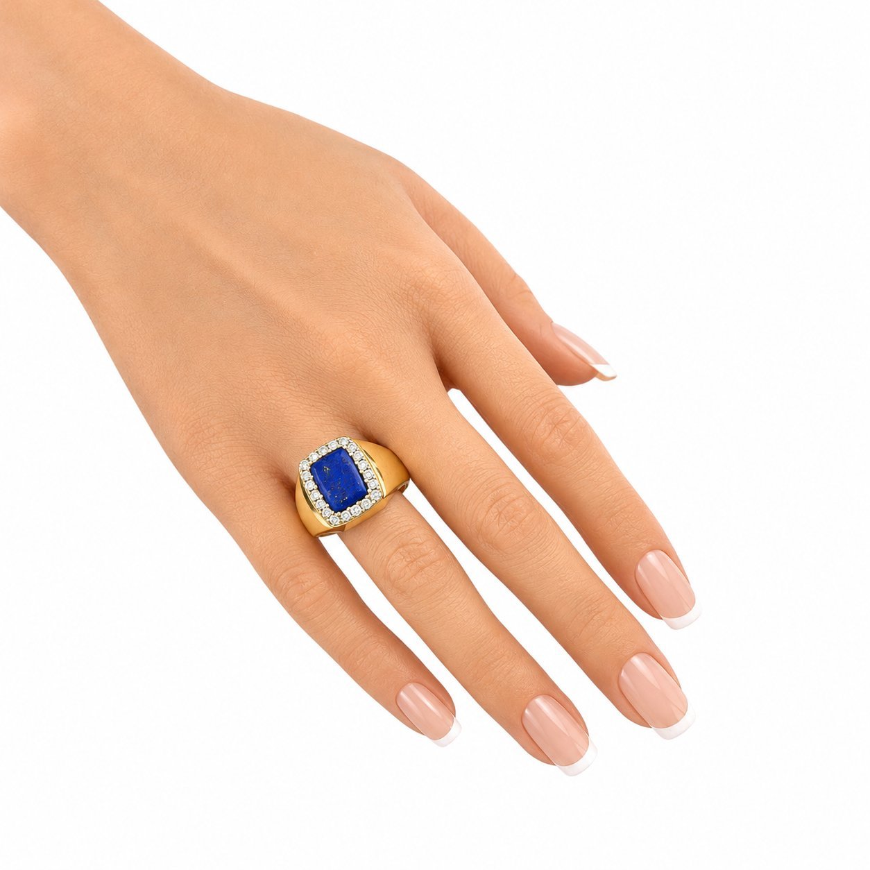 14K yellow gold ring with blue lapis and diamond border on hand