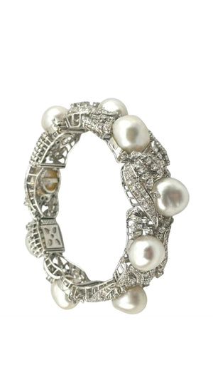 18 kt. White gold, 18K White Gold Bracelet with 4.7ct. Diamonds and Large Pearls -  4.7ct. tw. Diamond (Natural)