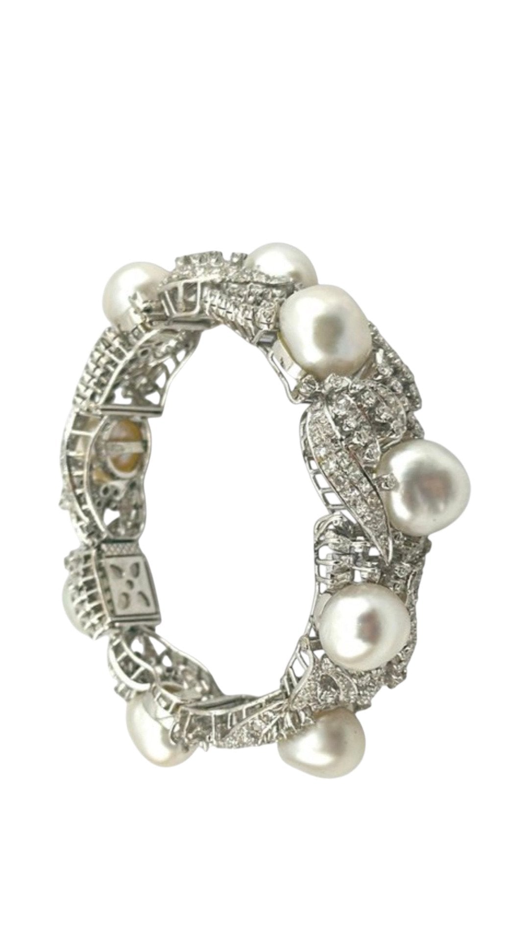 18 kt. White gold, 18K White Gold Bracelet with 4.7ct. Diamonds and Large Pearls -  4.7ct. tw. Diamond (Natural)